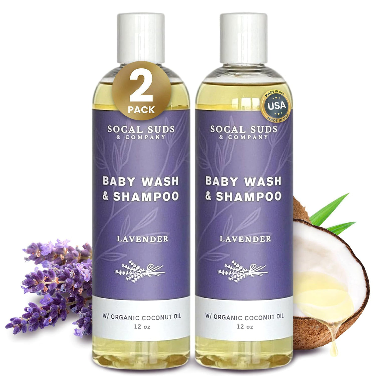 SoCal Suds & Company lavender 2-in-1 baby shampoo bottle for gentle cleansing.