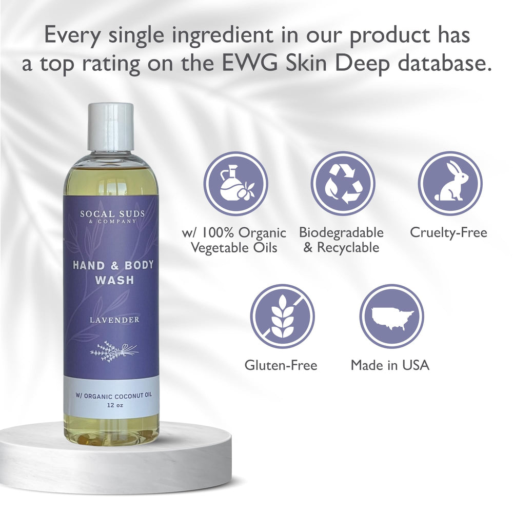 SoCal Suds & Company lavender label highlighting fragrance-free formula.