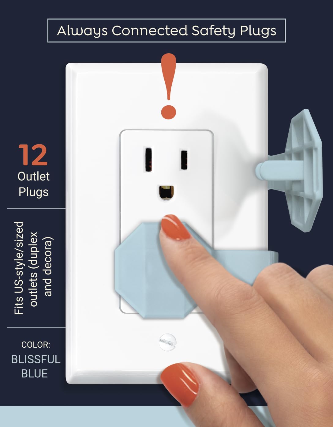 SocketSitter blue plug protectors secured on outlets prevent accidental removal.
