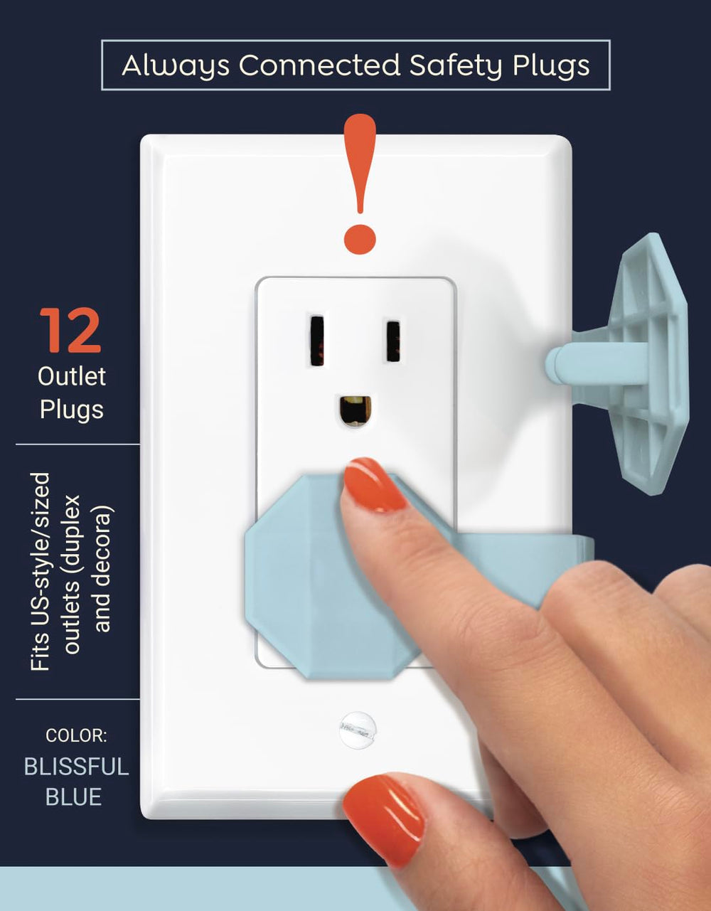 SocketSitter blue plug protectors secured on outlets prevent accidental removal.