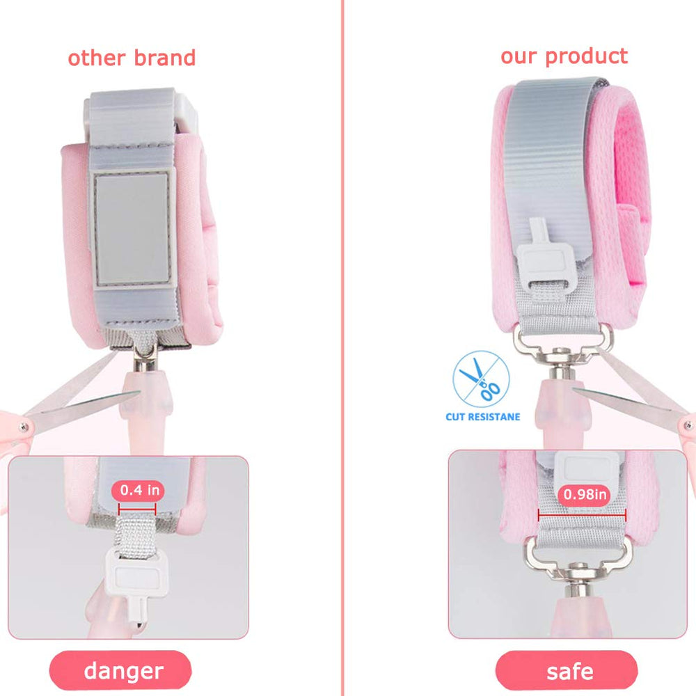 Socub Anti Lost Wrist Link pink wristband closeup displays anti-cut stainless steel.