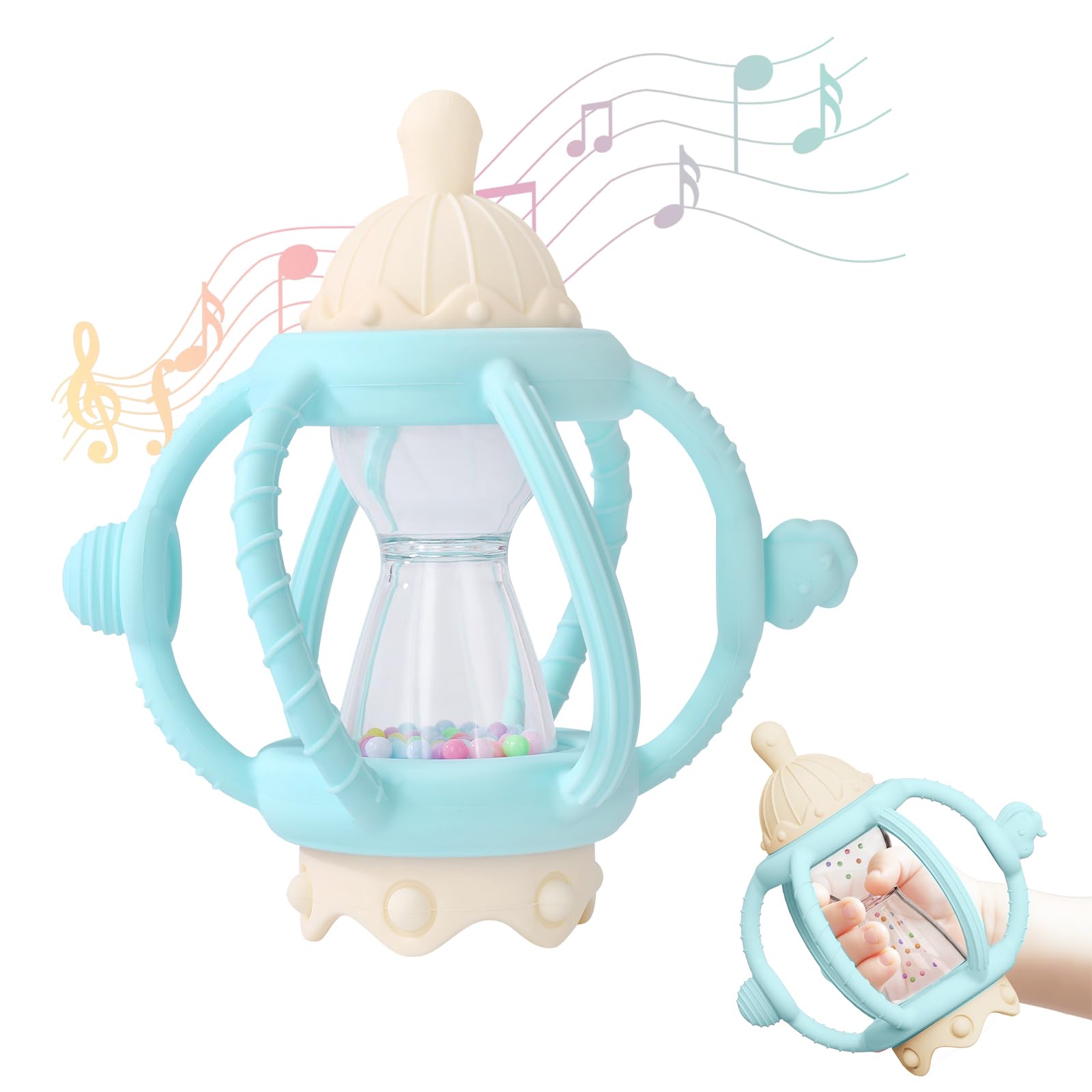 Socub Baby Rattle Teether 2in1 beads create gentle sounds for sensory play.