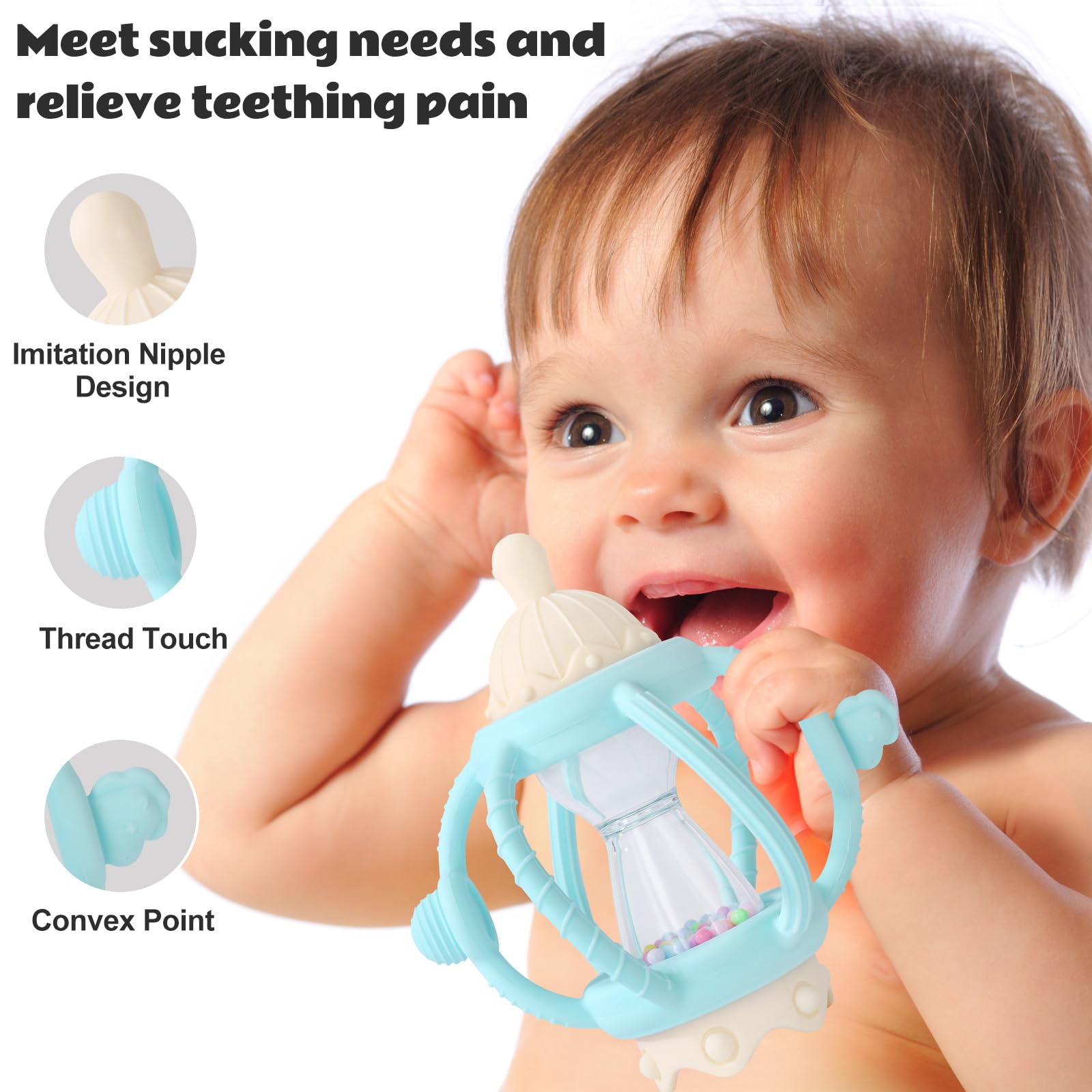 Socub silicone ball with textured arms provides gum relief during teething.