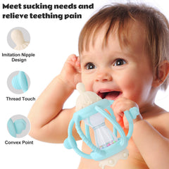 Socub silicone ball with textured arms provides gum relief during teething.