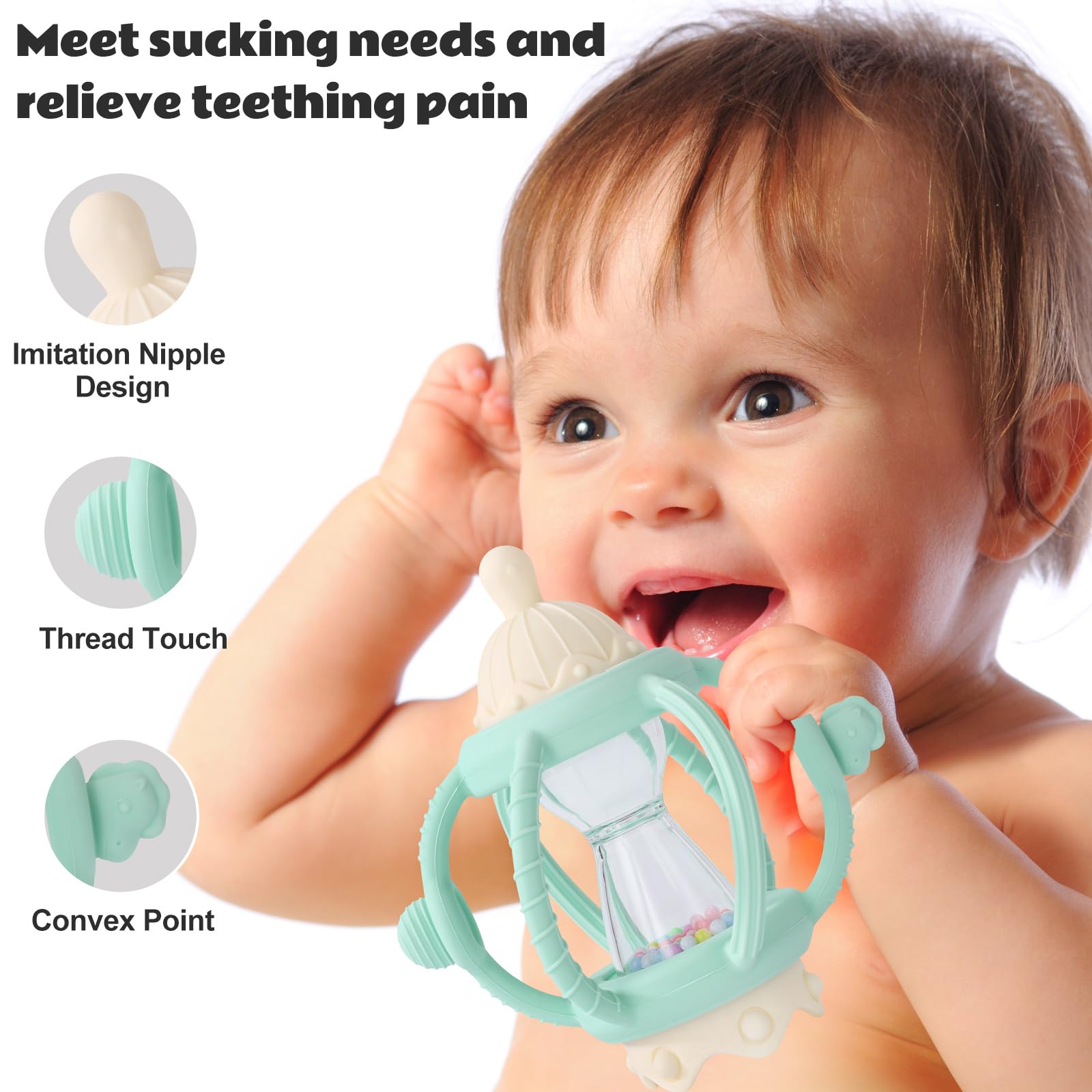 Socub baby rattle teether green removable silicone ball with six textures for teething