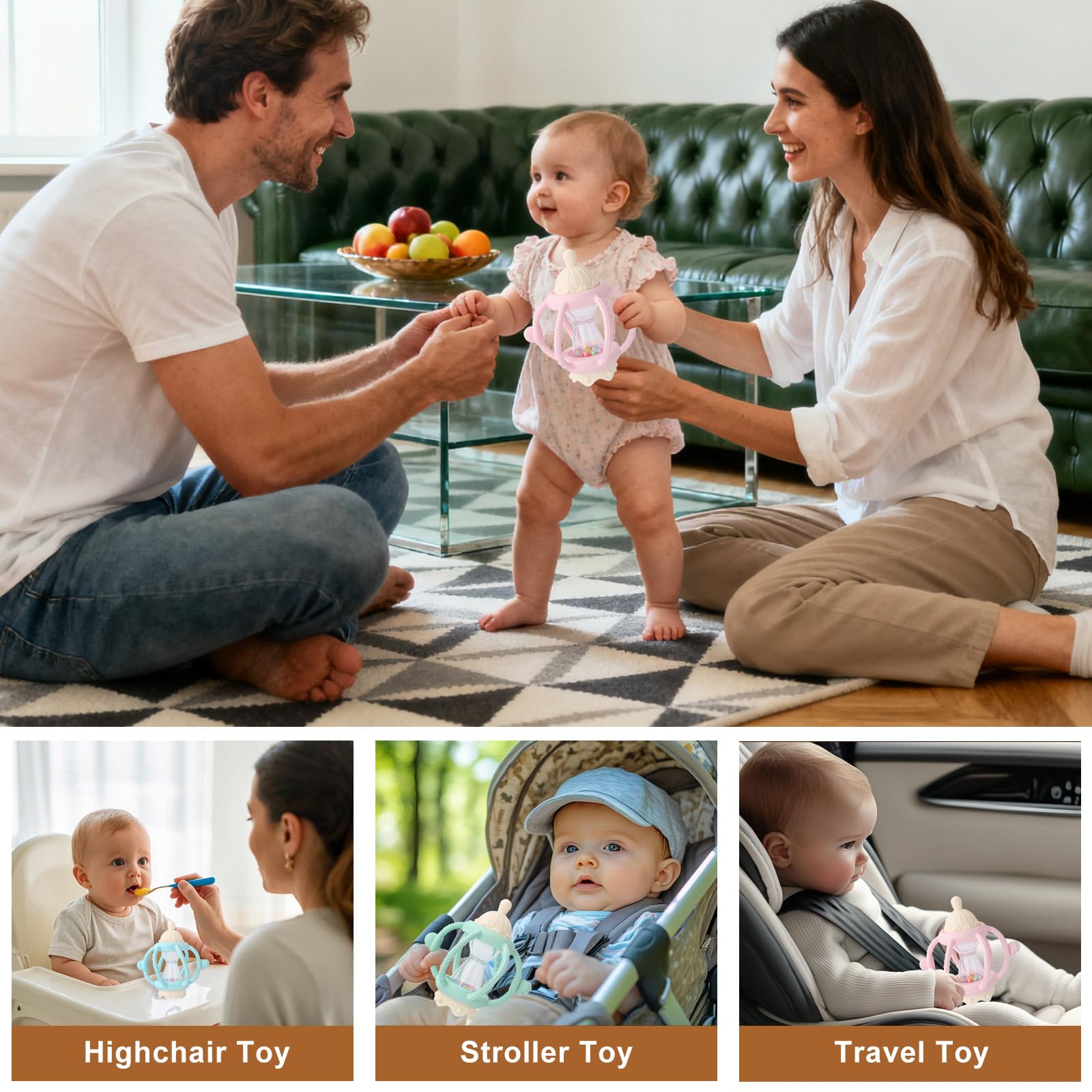 Socub baby rattle teether pink BPA-free design suits newborns and travel.