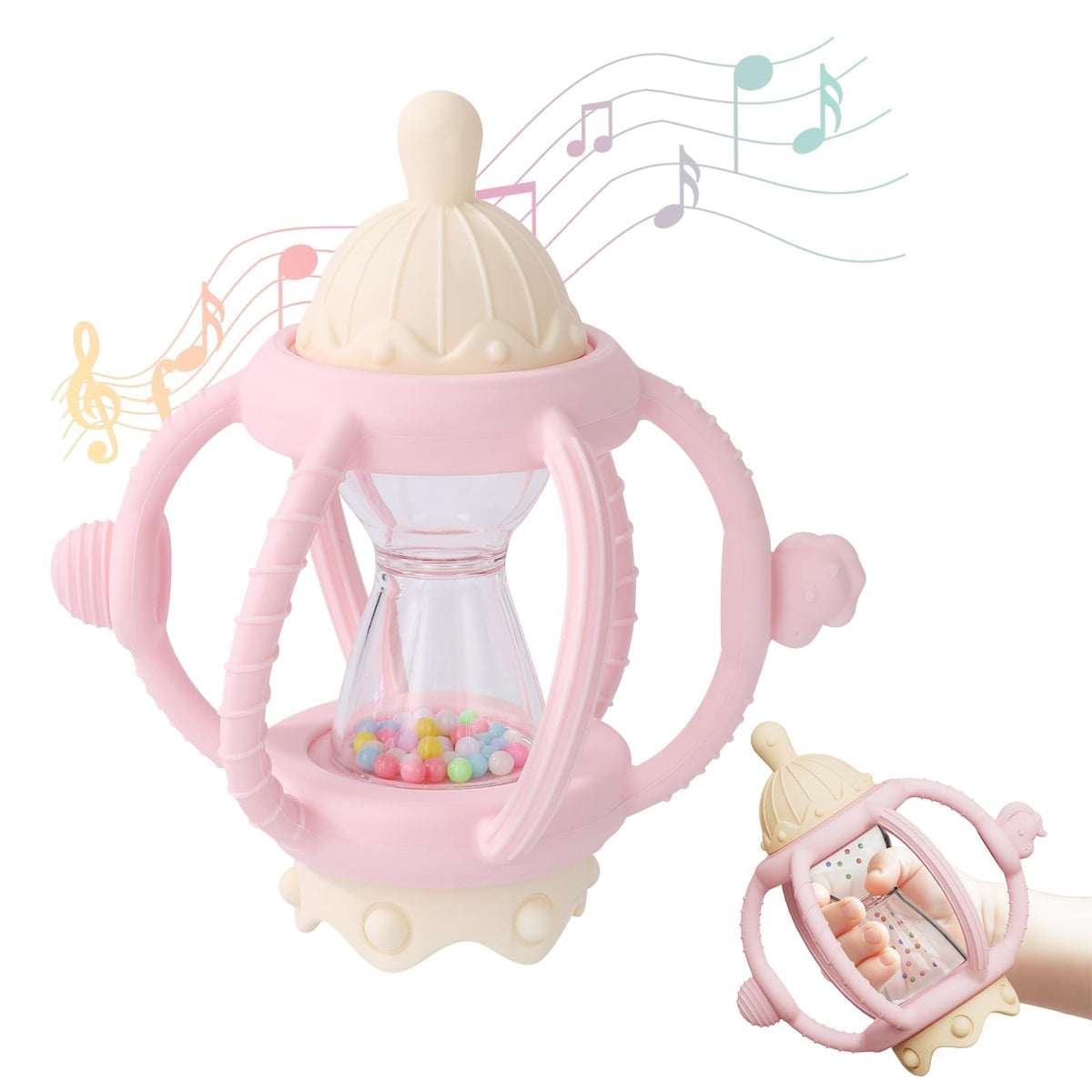 Socub baby rattle teether pink side view highlights soothing sensory play on the go.