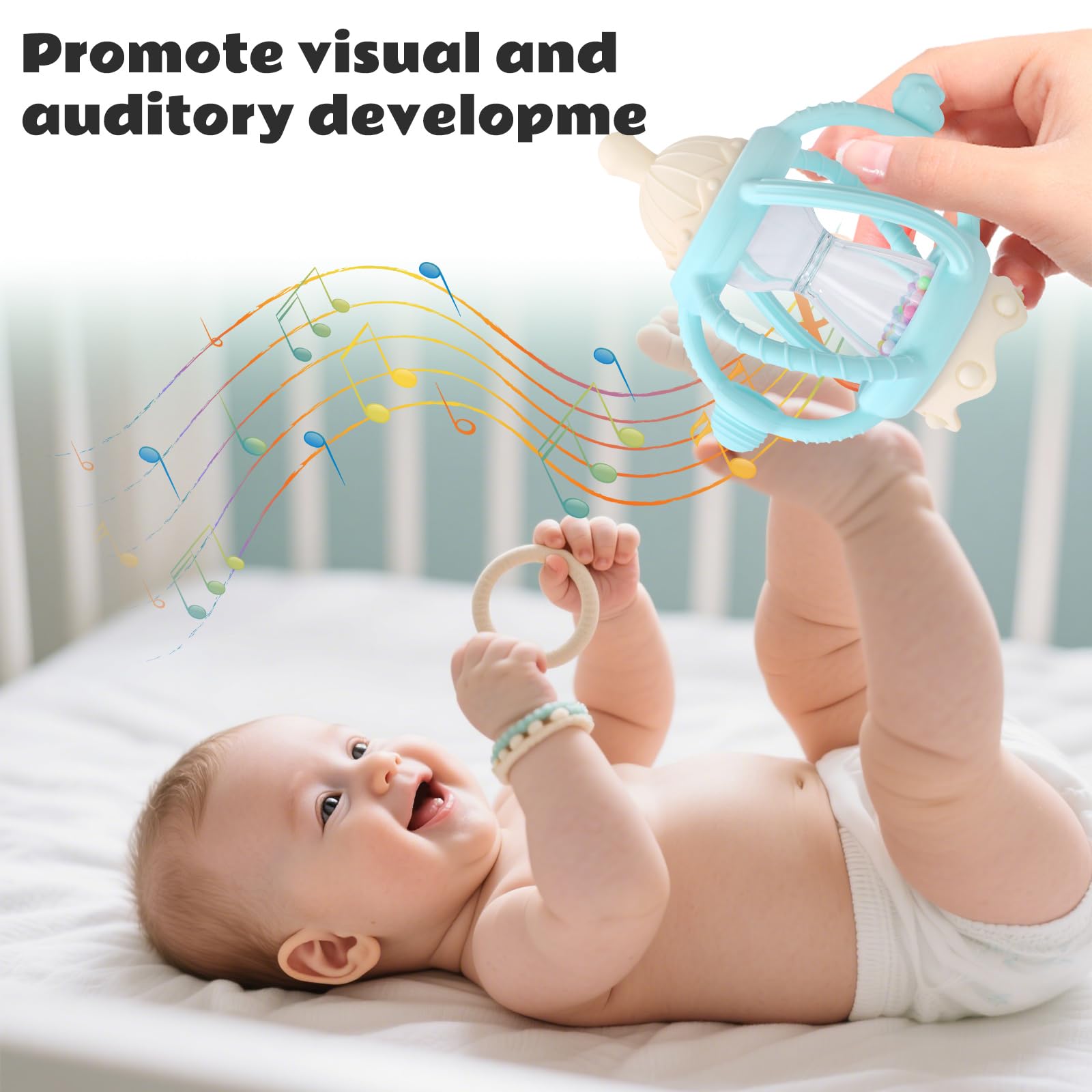 Socub rattle stands like a carousel on flat surfaces for easy reach.