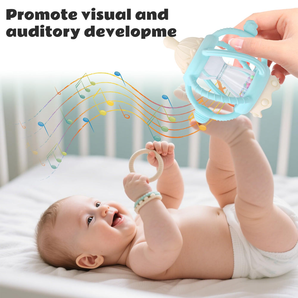 Socub rattle stands like a carousel on flat surfaces for easy reach.