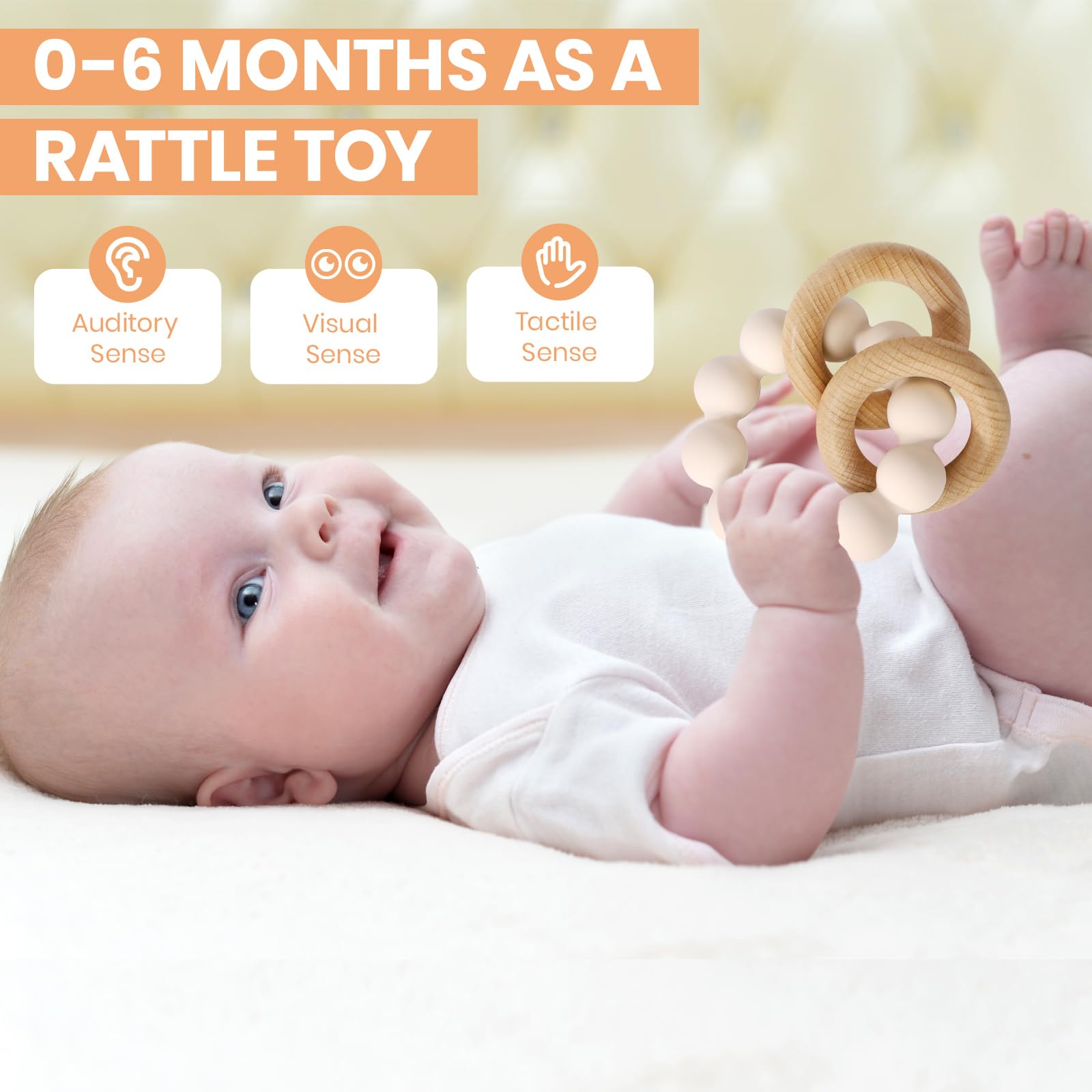 Socub teether showing bumpy silicone beads for sensory development.