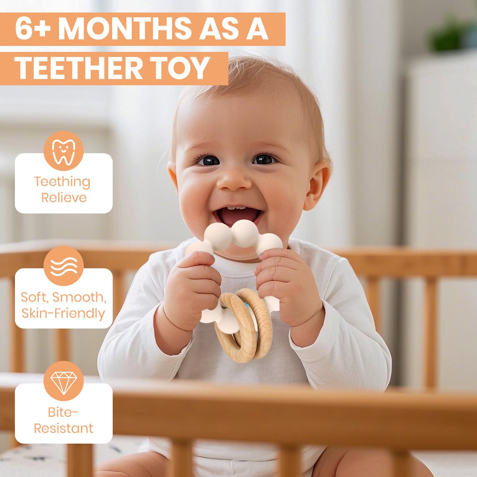 Socub teether featuring smooth beech wood rings for tactile stimulation.