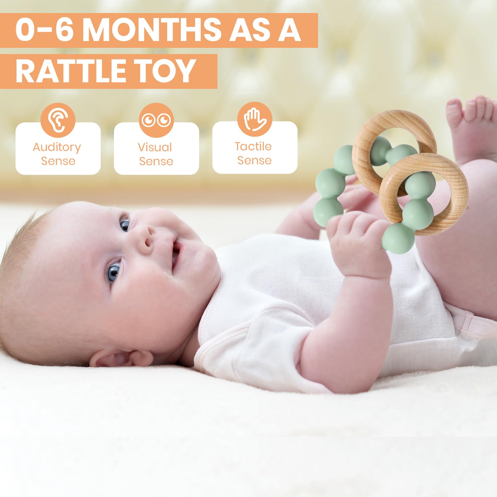 Socub Cambridge Blue teether ring with beech wood highlights tactile stimulation and safe chewing.