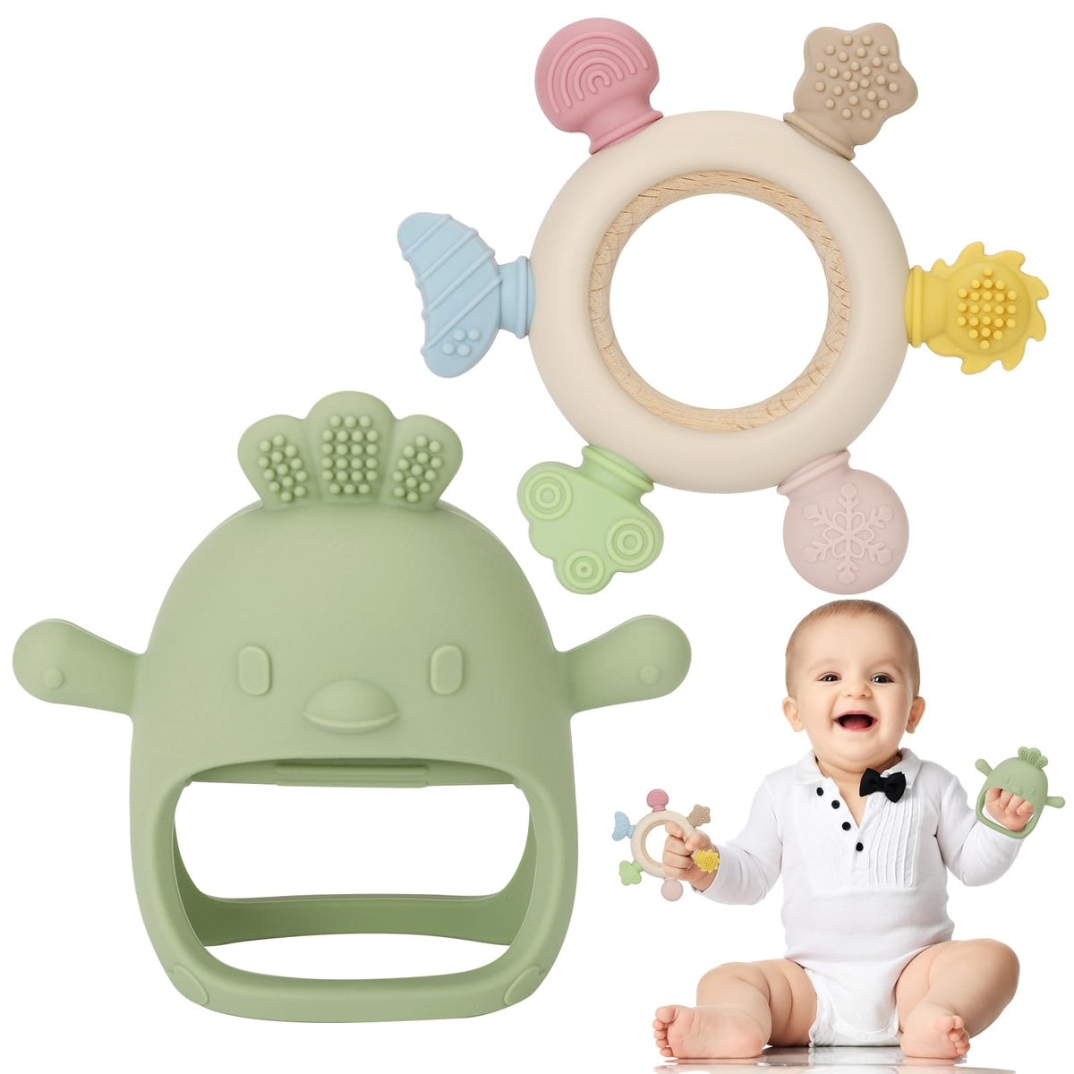 Socub olive silicone teething mitten with soothing texture for gums
