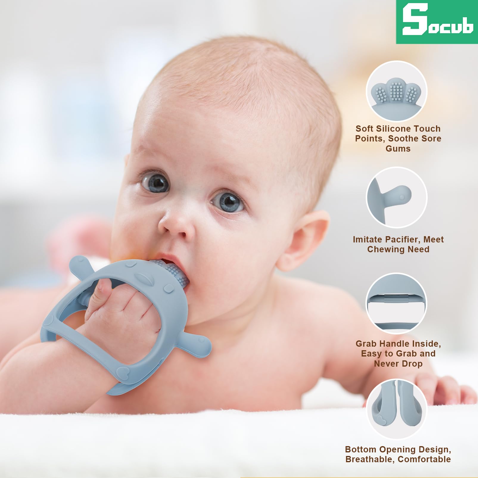 Socub olive mitten close-up showing smooth silicone surface for safe chewing