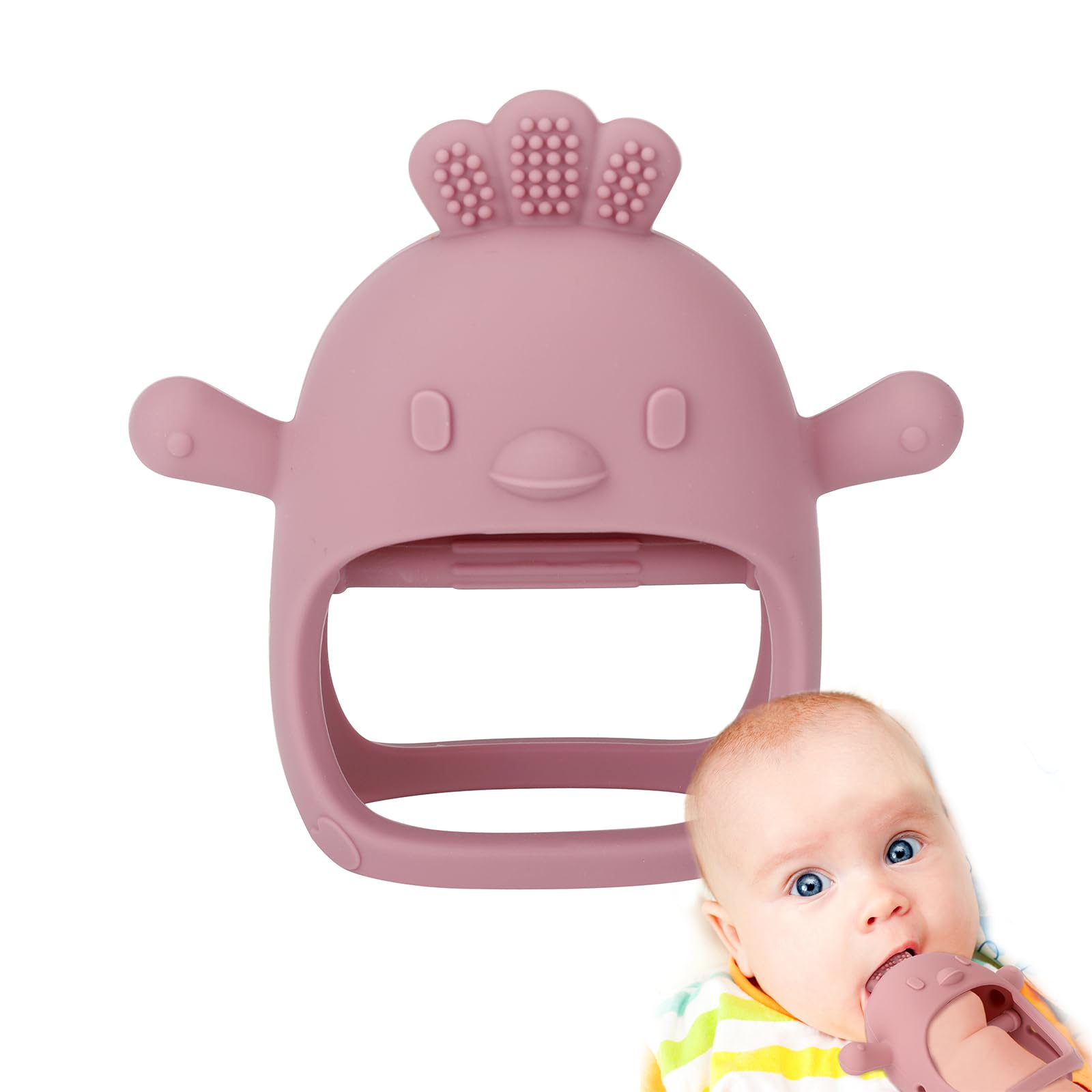 Socub silicone baby teether glove with chick design soothes gums during teething.