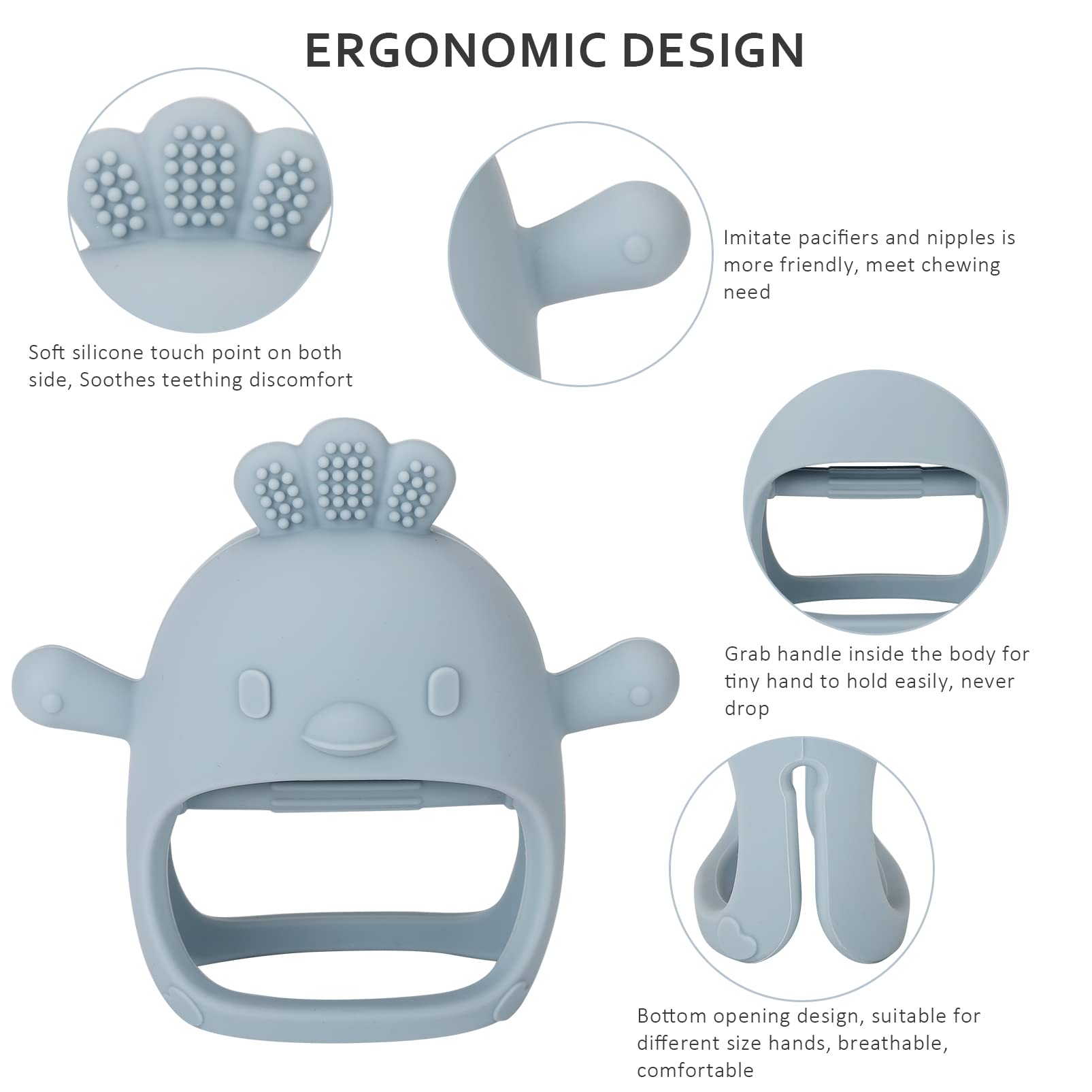 Socub silicone teether glove ergonomic opening fits tiny hands for comfortable chewing.