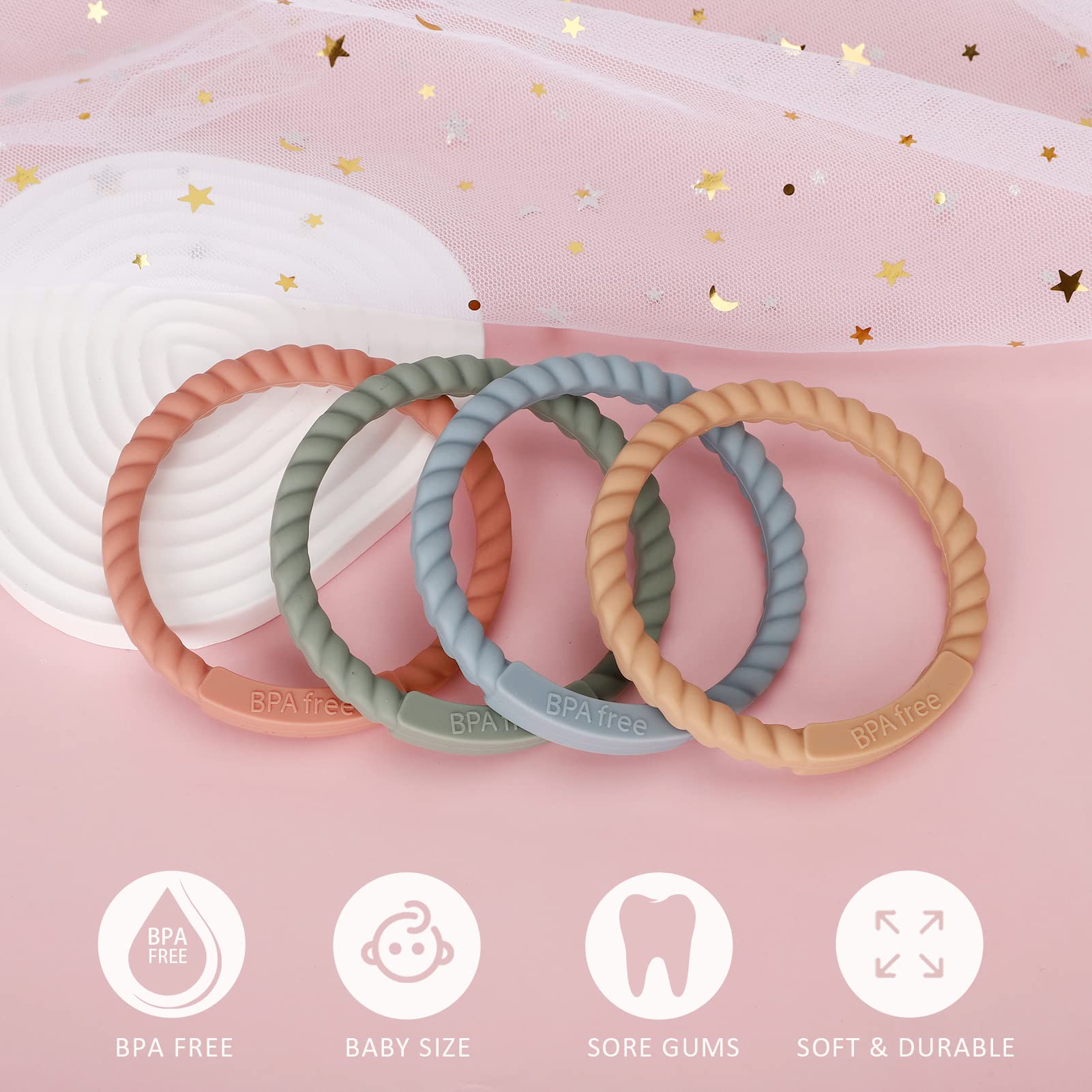 Socub silicone baby teether bracelet Ether worn as a fashionable, safe chew toy for on-the-go.