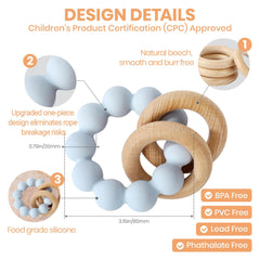 Socub teether with blue beads and wood rings for safe chewing.