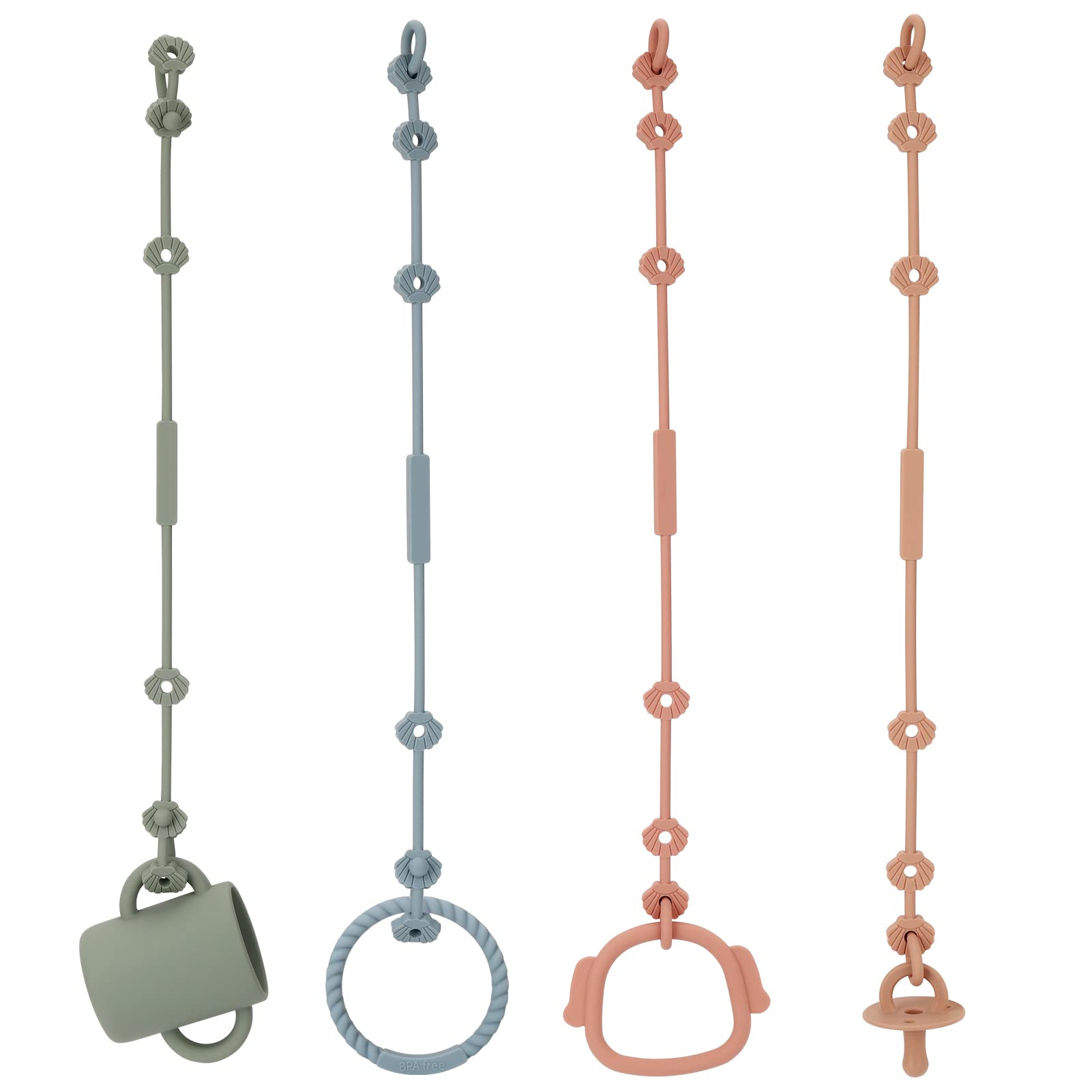 Socub Toy Safety Straps four-pack shown in packaging keeps teething toys nearby