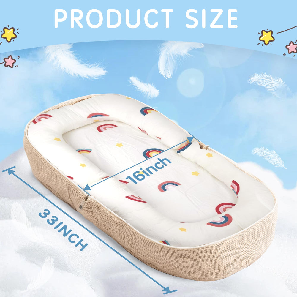Sofoliana Baby Lounger rainbow-pattern adds playful nursery charm.