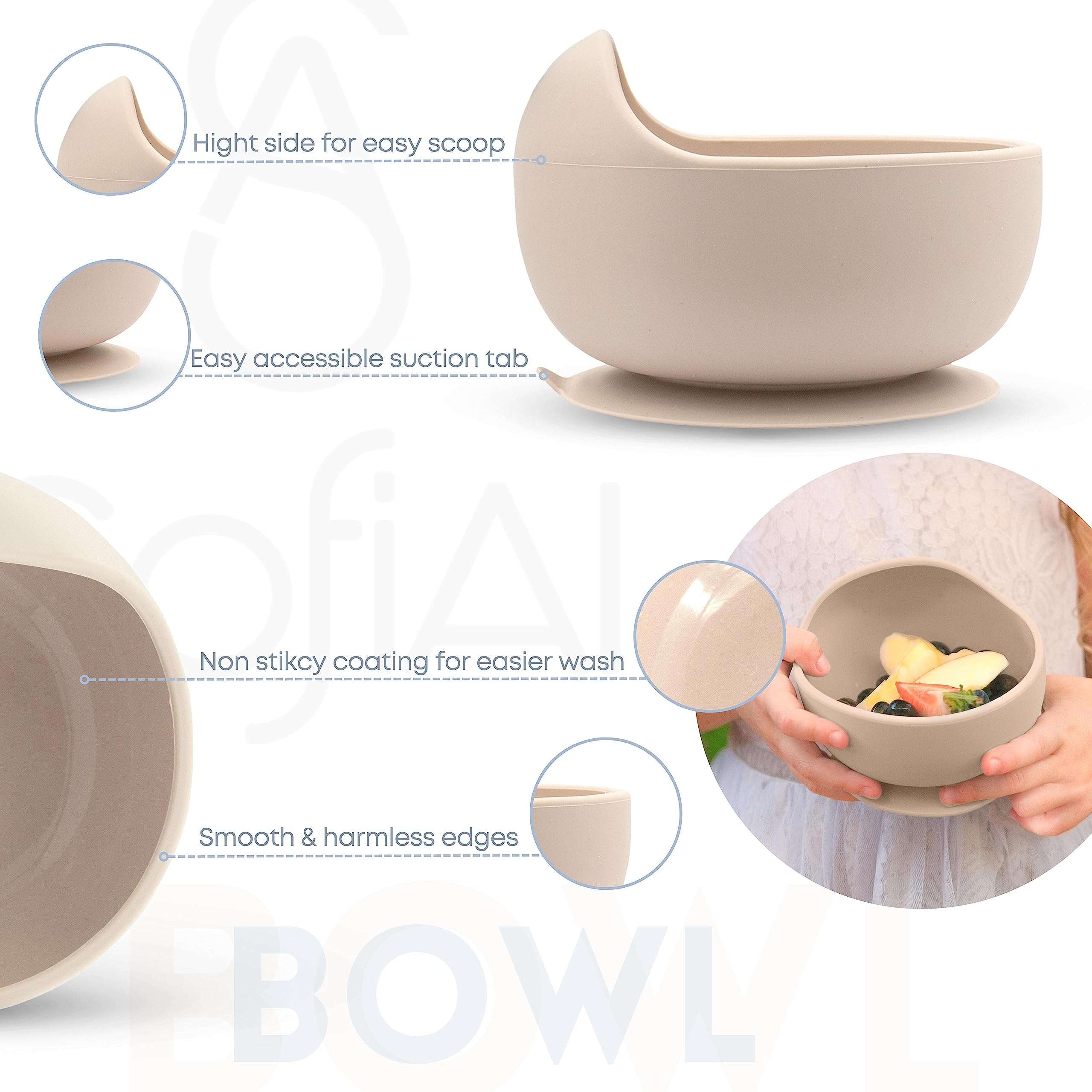 SofiAl adjustable bib keeps clothing clean during messy mealtimes.