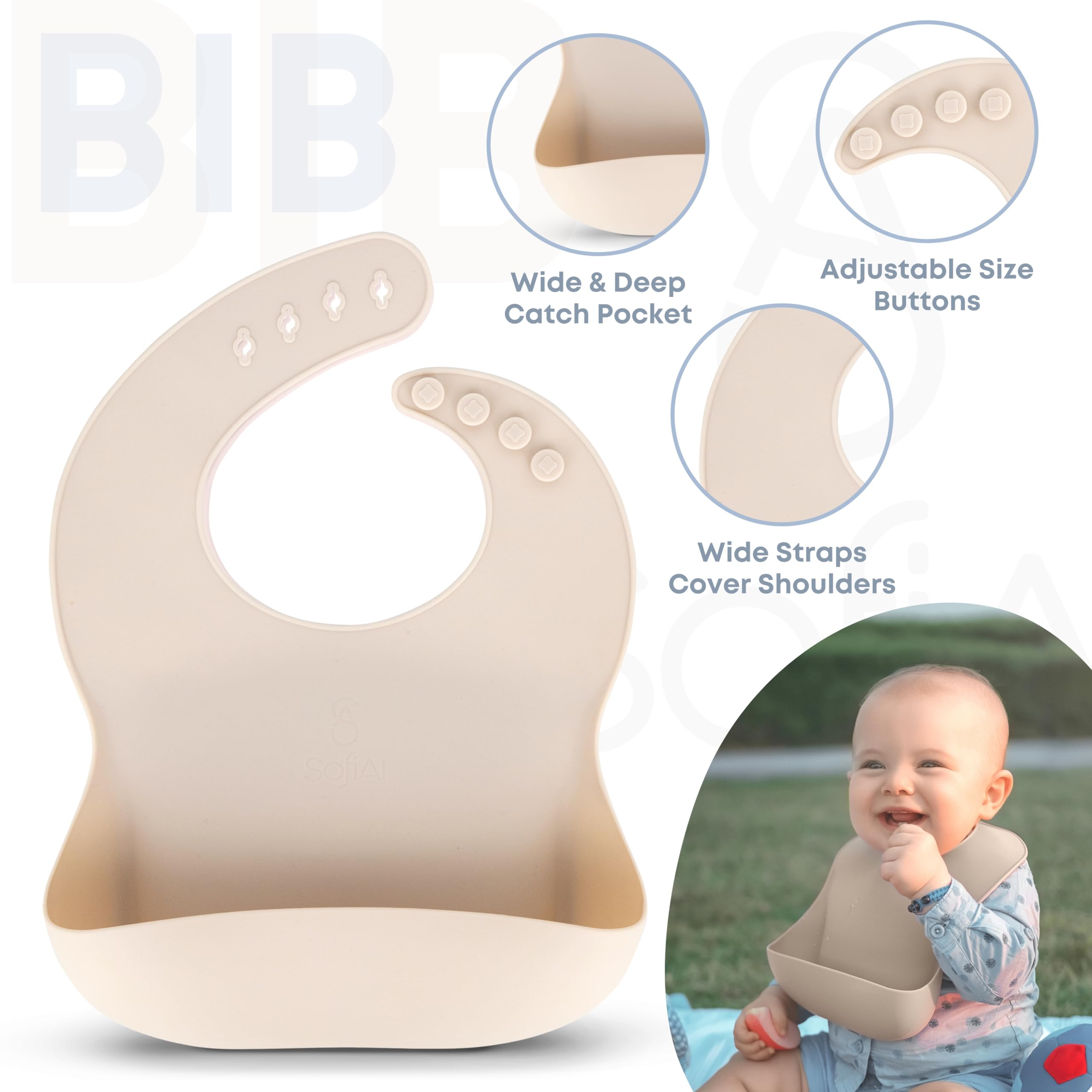 SofiAl bib catches drips to minimize mess during feeds