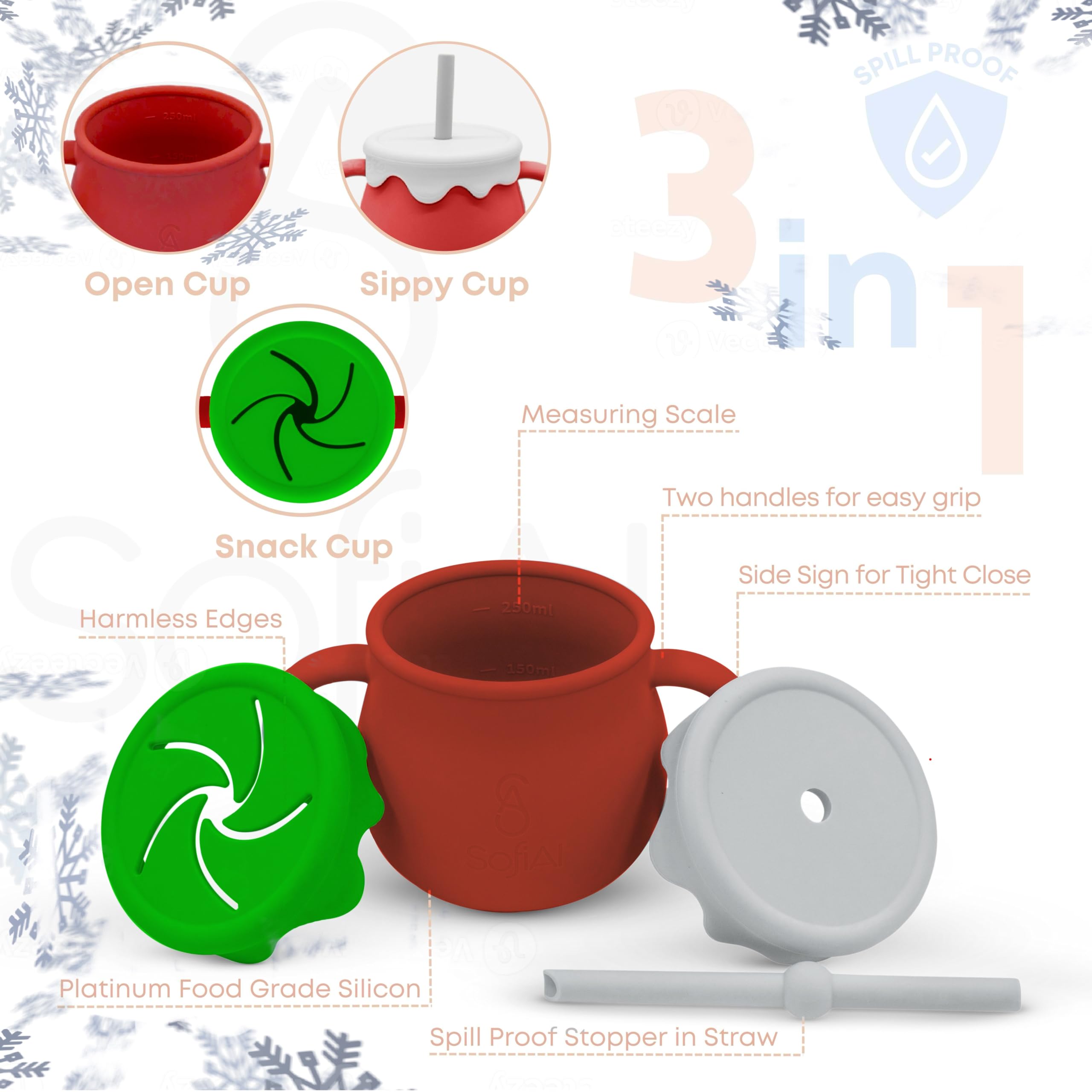 SofiAl 3-in-1 cup with snack lid and straw offers flexible sippy options.