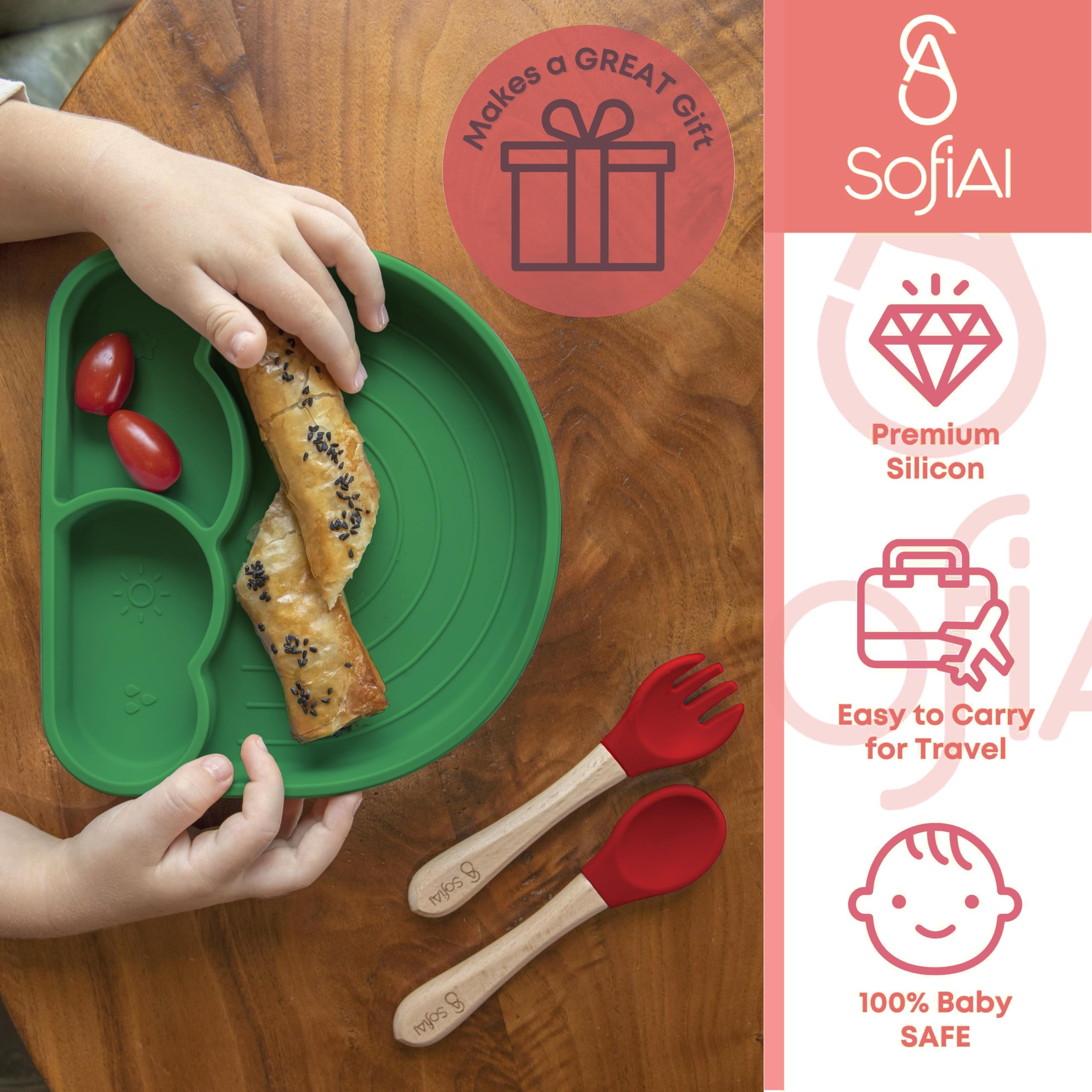 SofiAl bib helps contain mess and speeds cleanup after feeding.