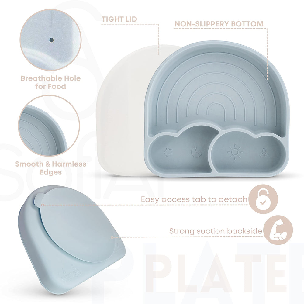 SofiAl divided plate with breathable lid demonstrating food separation and freshness