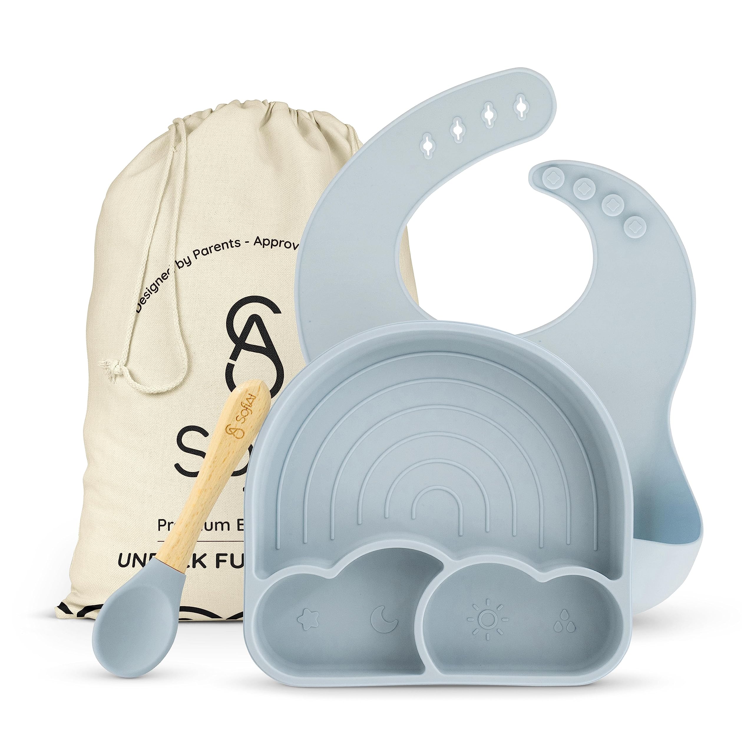 SofiAl all-in-one feeding set with suction plate for spill-free meals.