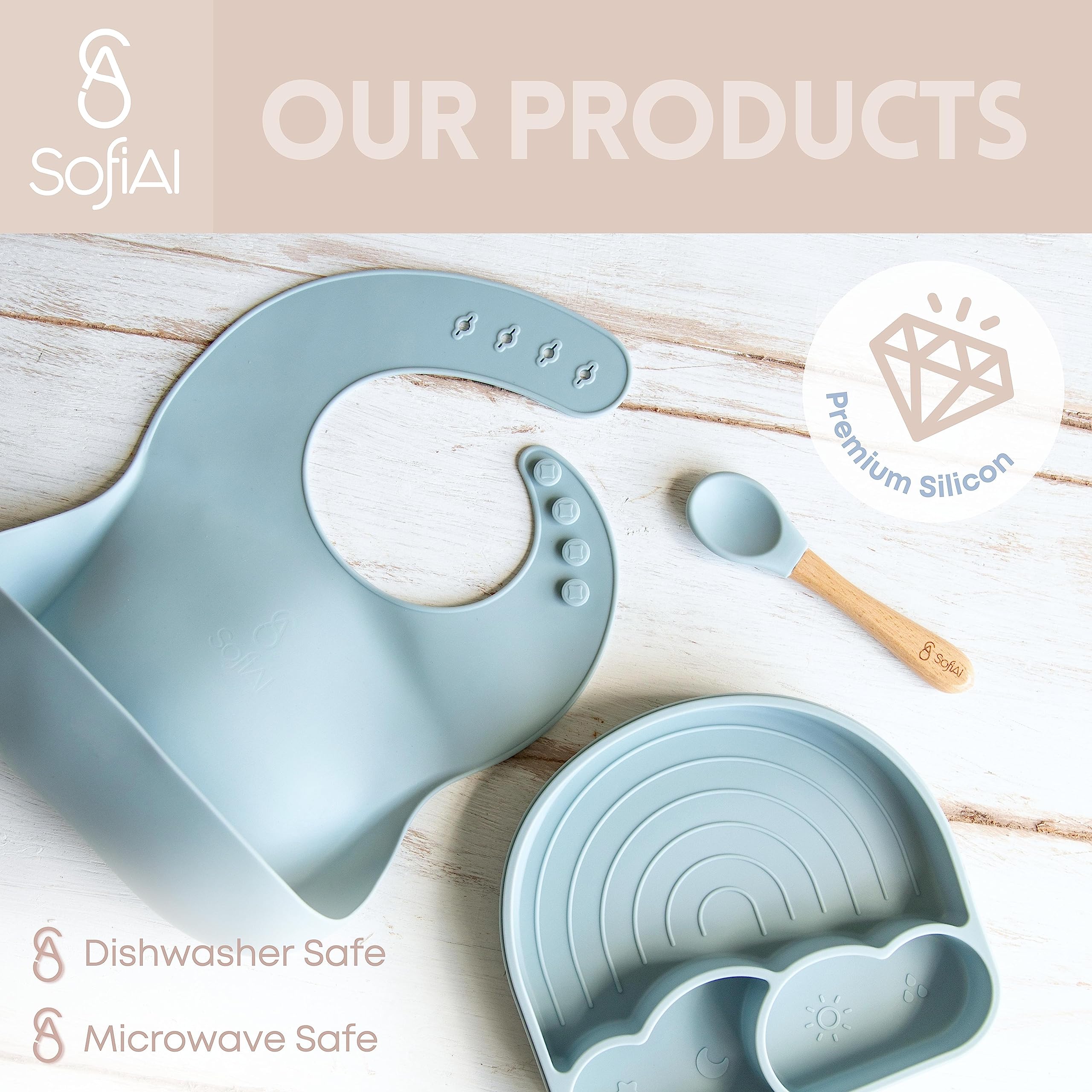 SofiAl materials include 100% food-grade silicone and beech wood.