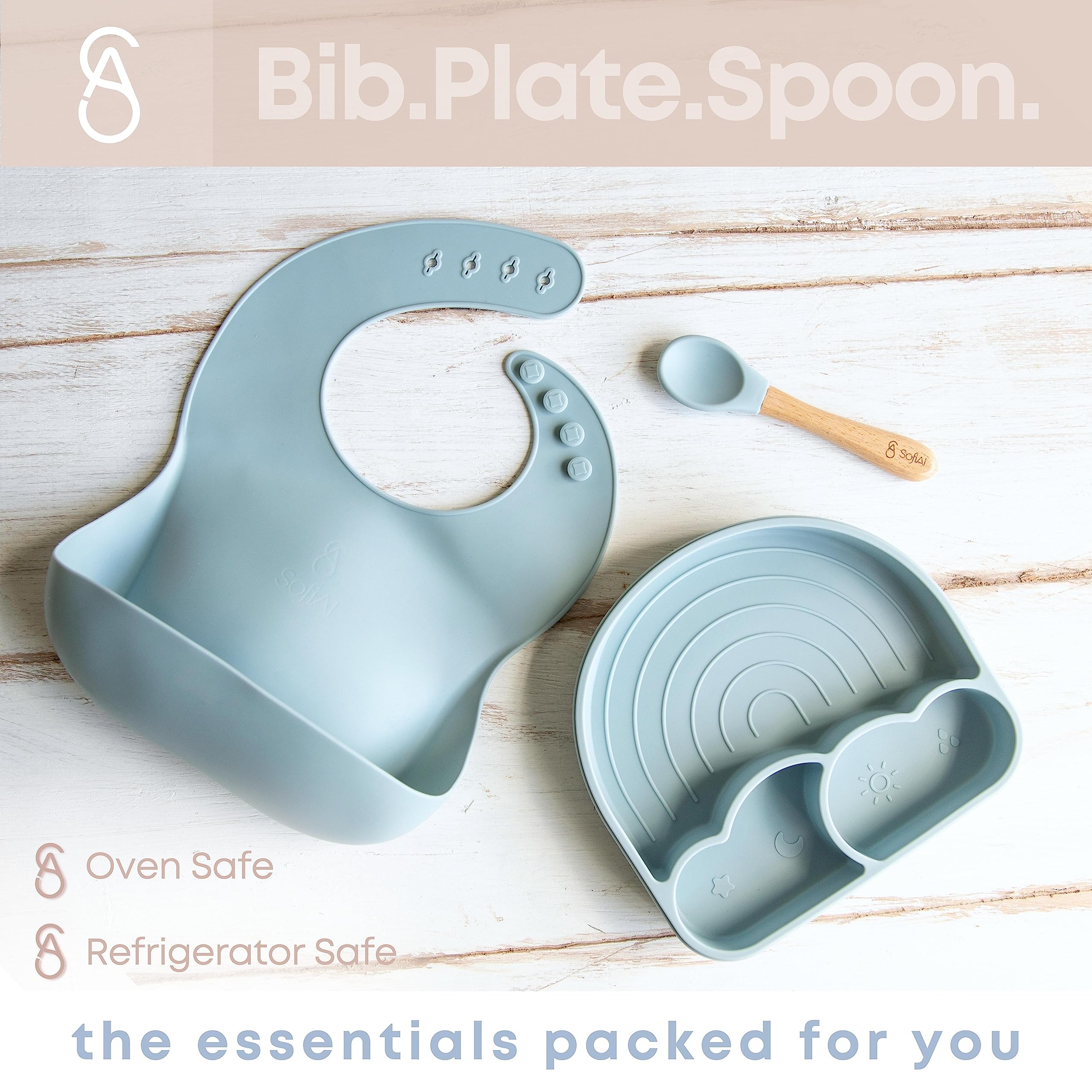 SofiAl silicone spoon with soft tip ideal for gentle gums and easy scooping.