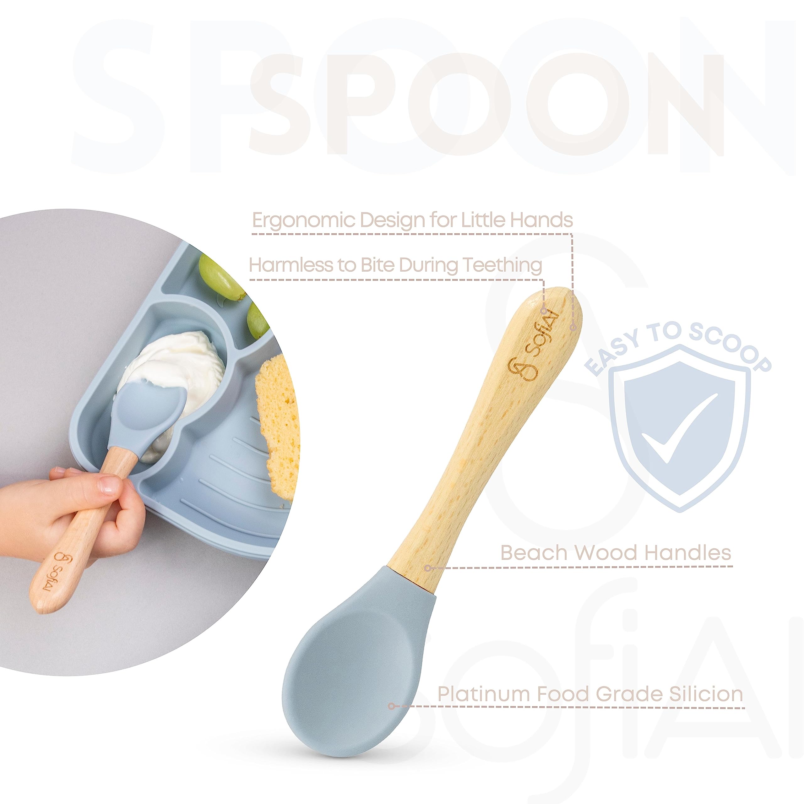 SofiAl suction base attached to a tray for mess-free dining.