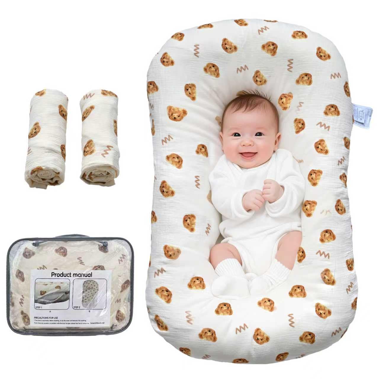 Sofoliana Baby Lounger with breathable muslin cover for comfortable supervised time.