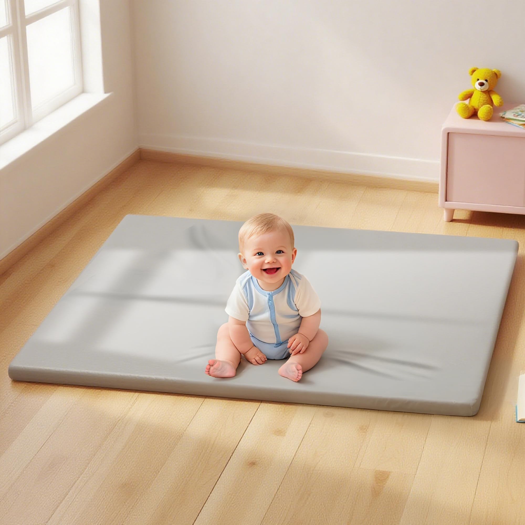 Sofoliana vegan leather baby play mat in a living room setting with modern decor