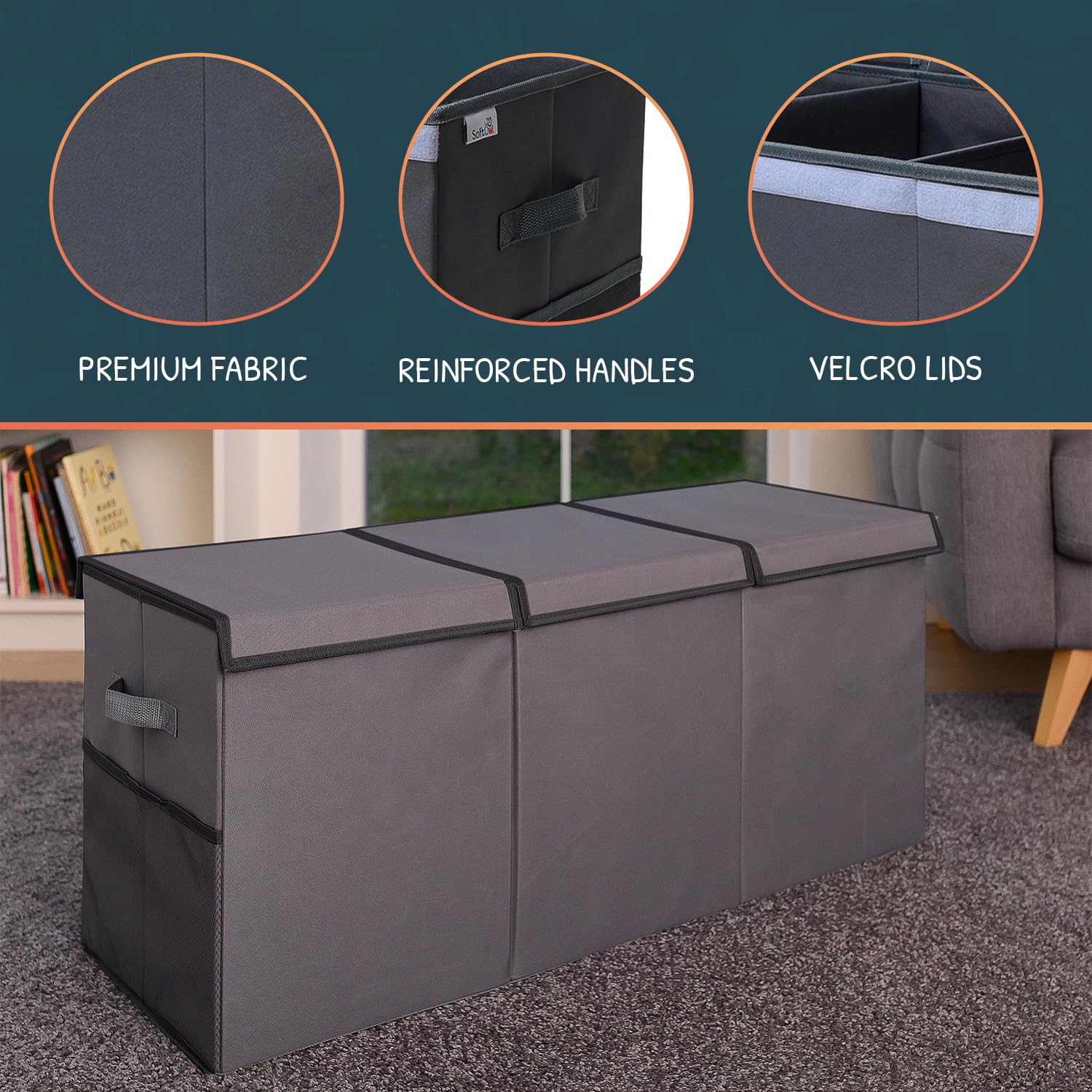 SoftOwl collapsible toy bin ready to flatten for space-saving storage.