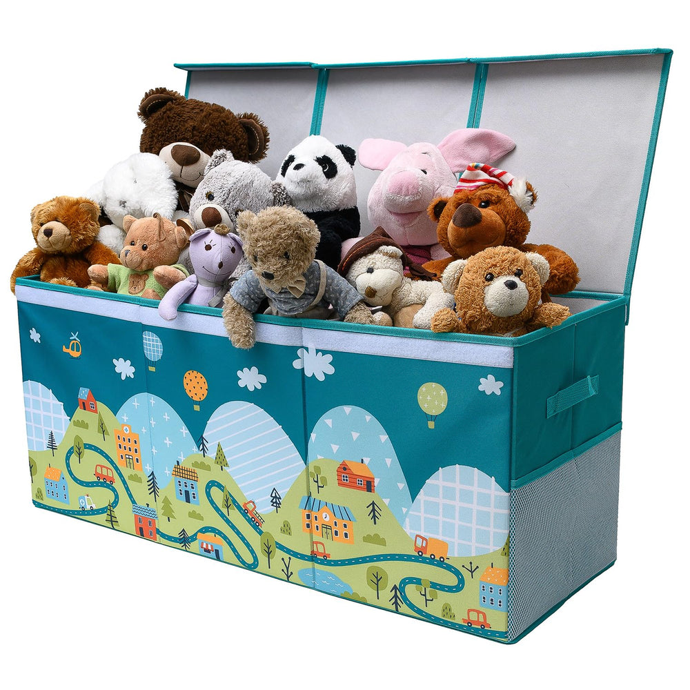 SoftOwl extra-large toy storage organizer with lid keeps toys neatly contained for easy cleanup.