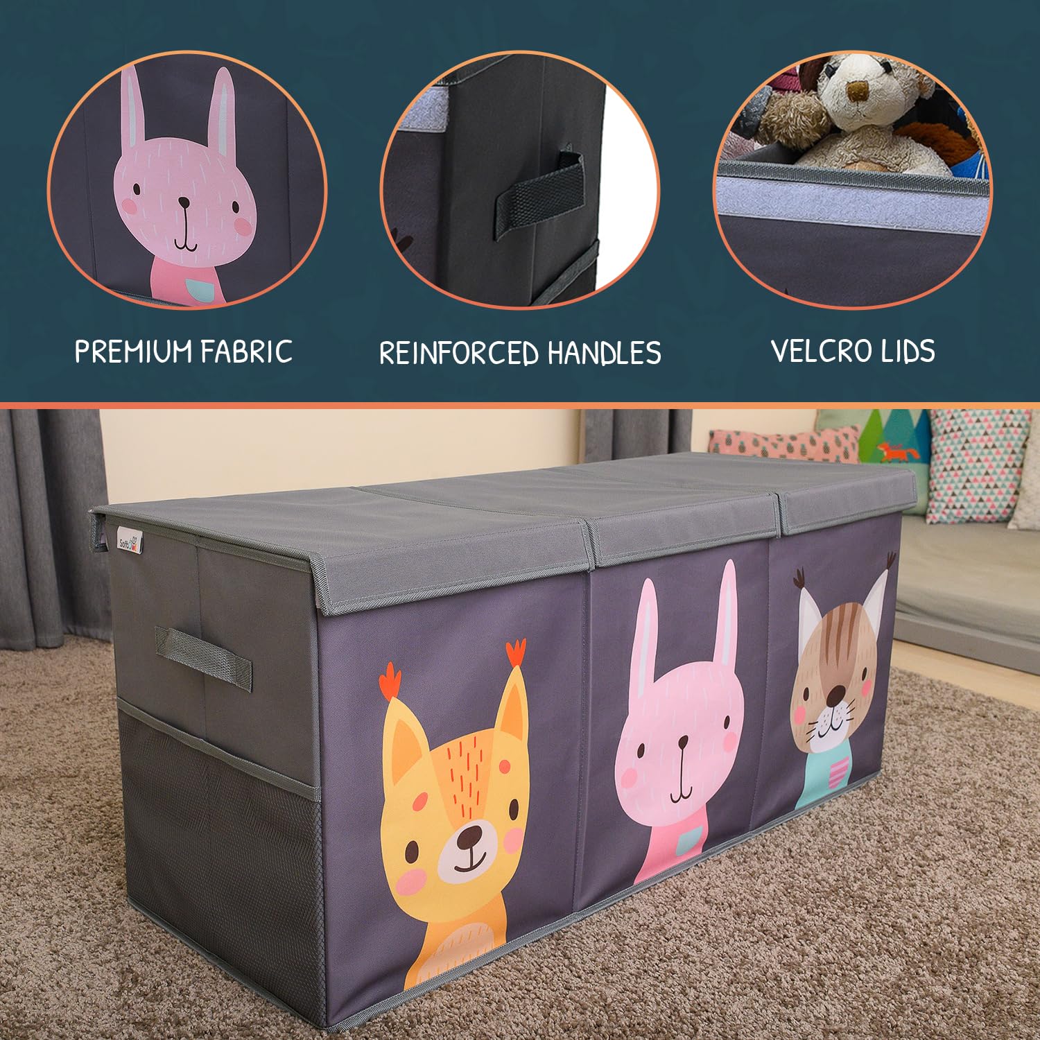 SoftOwl toy bin with side mesh pockets for quick-access essentials.