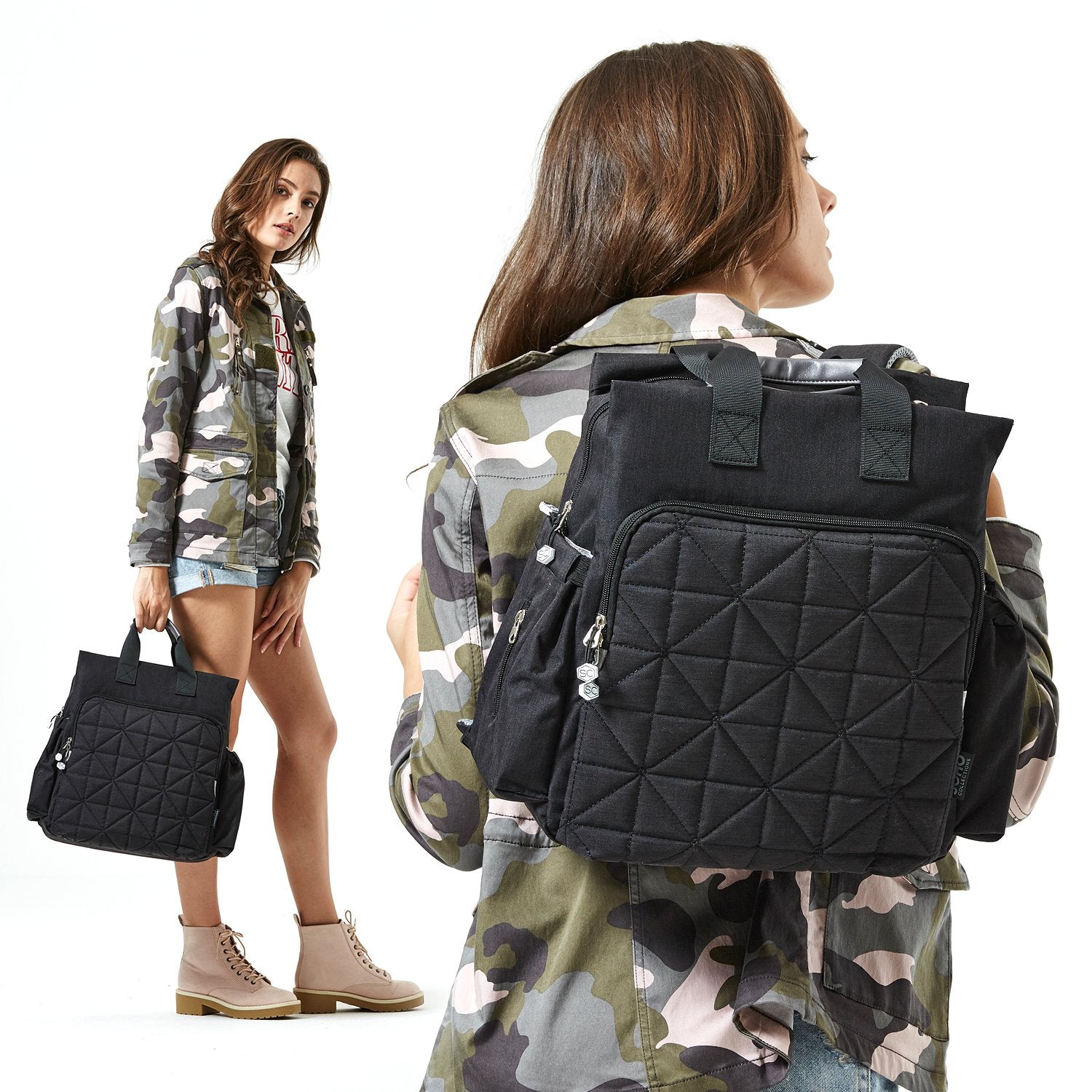 SoHo Designs Kenneth diaper backpack on stroller demonstrates hands-free convenience.