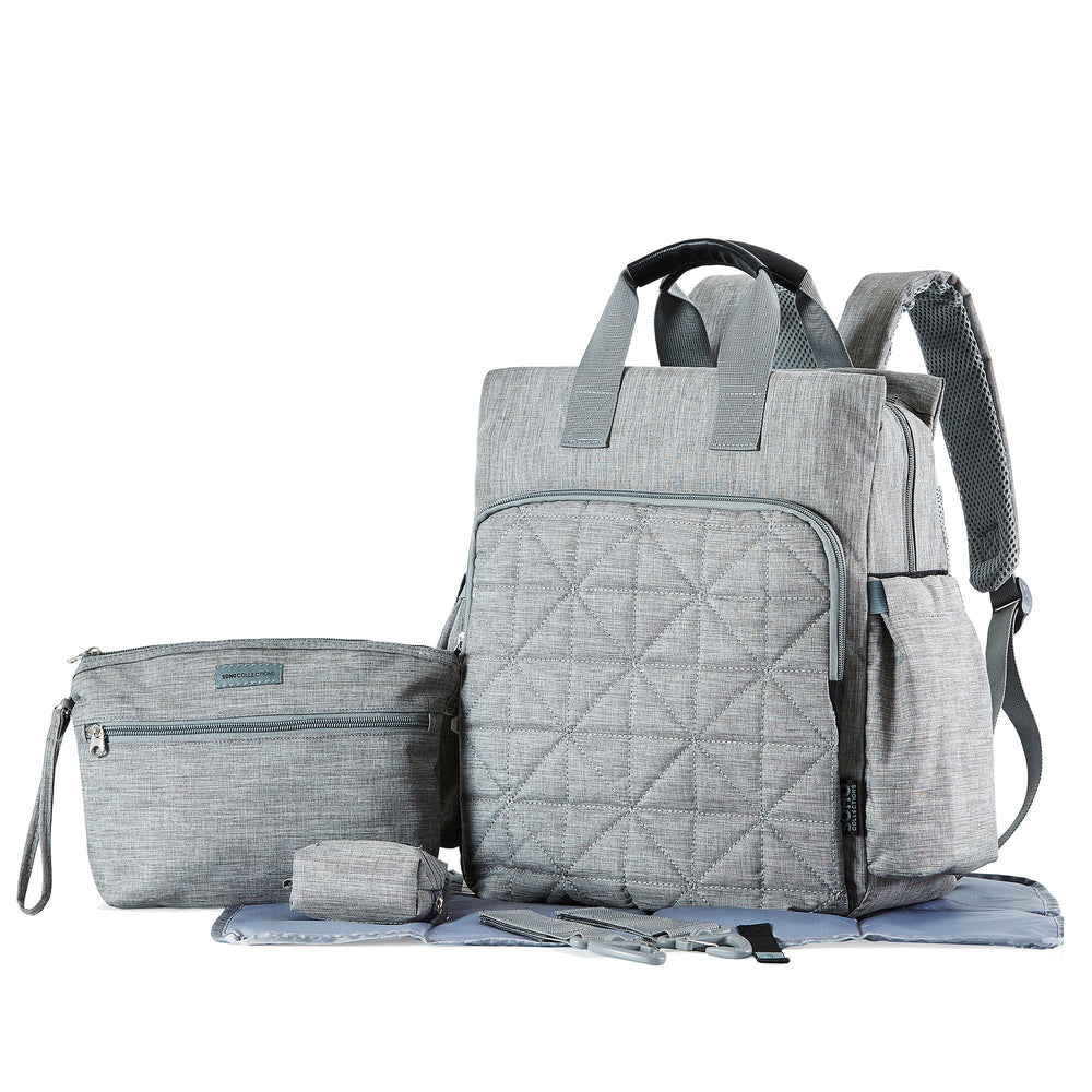 SoHo Designs Kenneth Diaper Backpack open main compartment highlights quick access to essentials