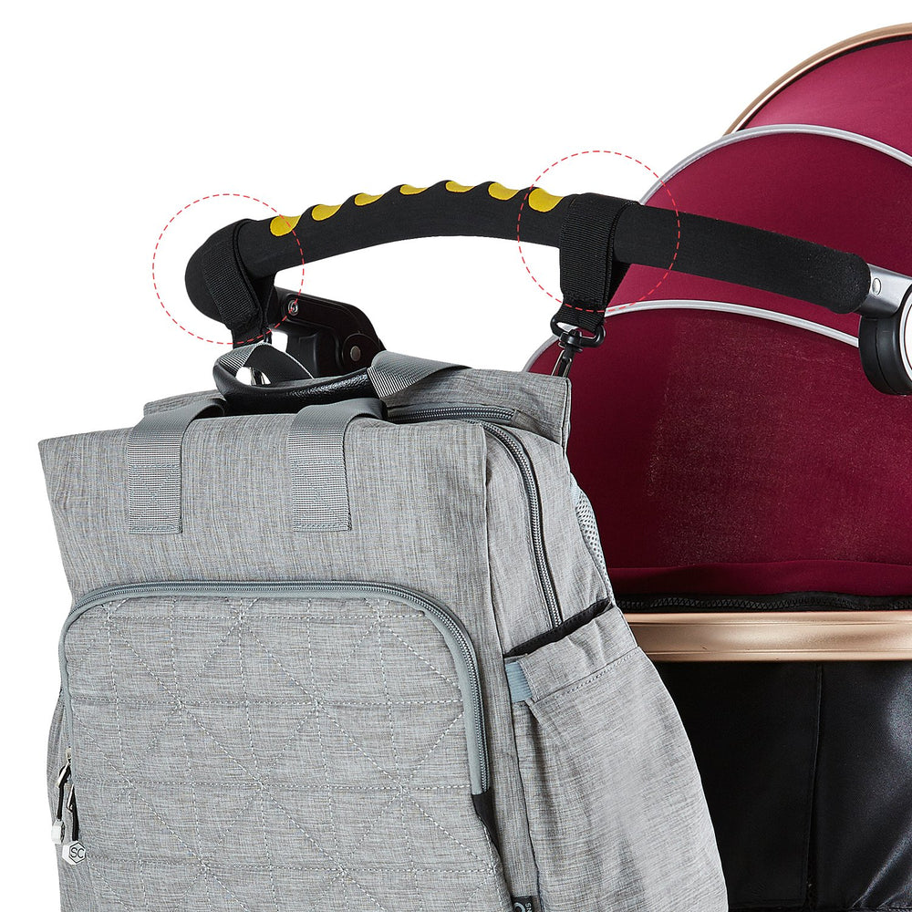 SoHo Designs Kenneth Diaper Backpack with stroller straps attached enables easy stroller access
