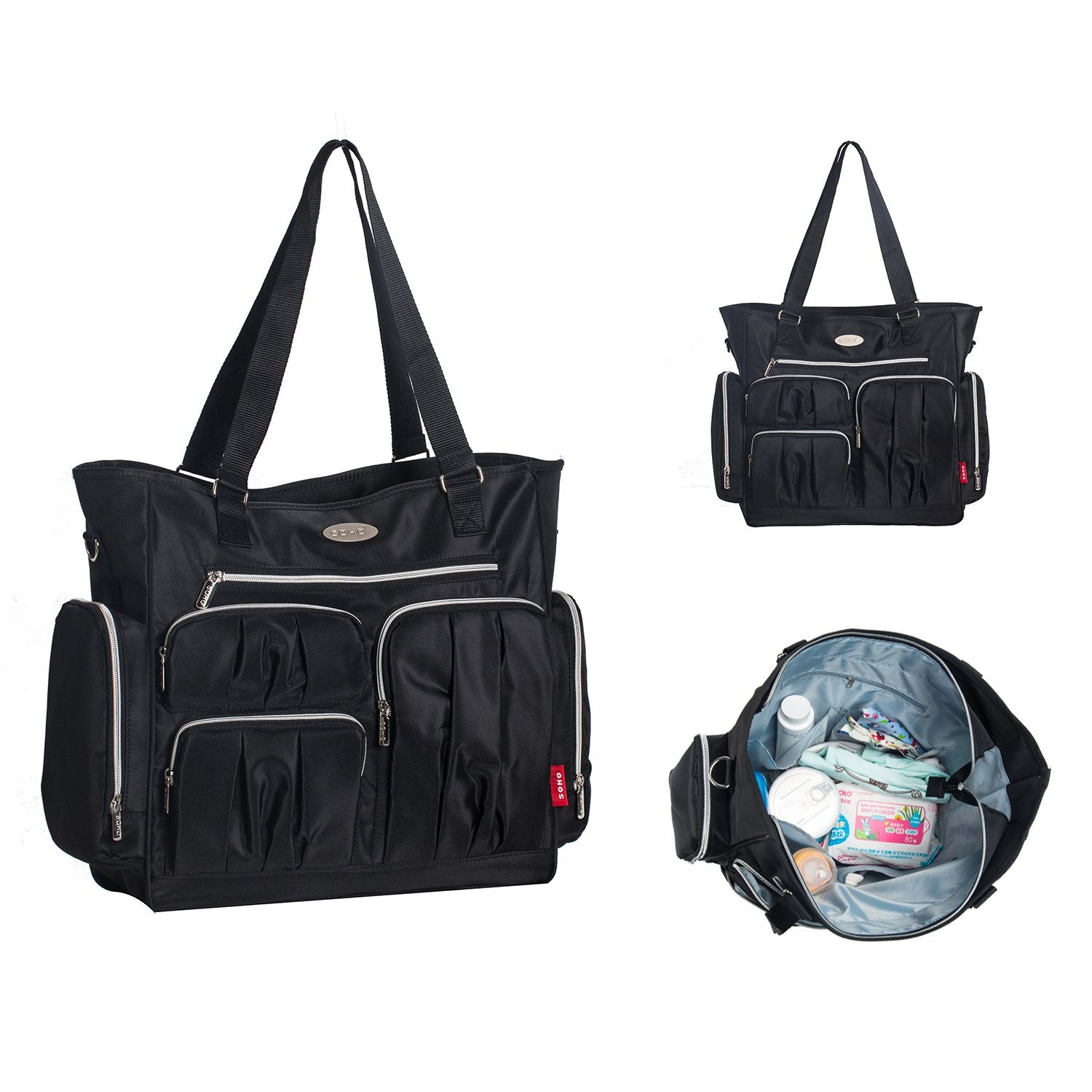 SoHo Designs Time Square front view showcases a sleek black tote design.