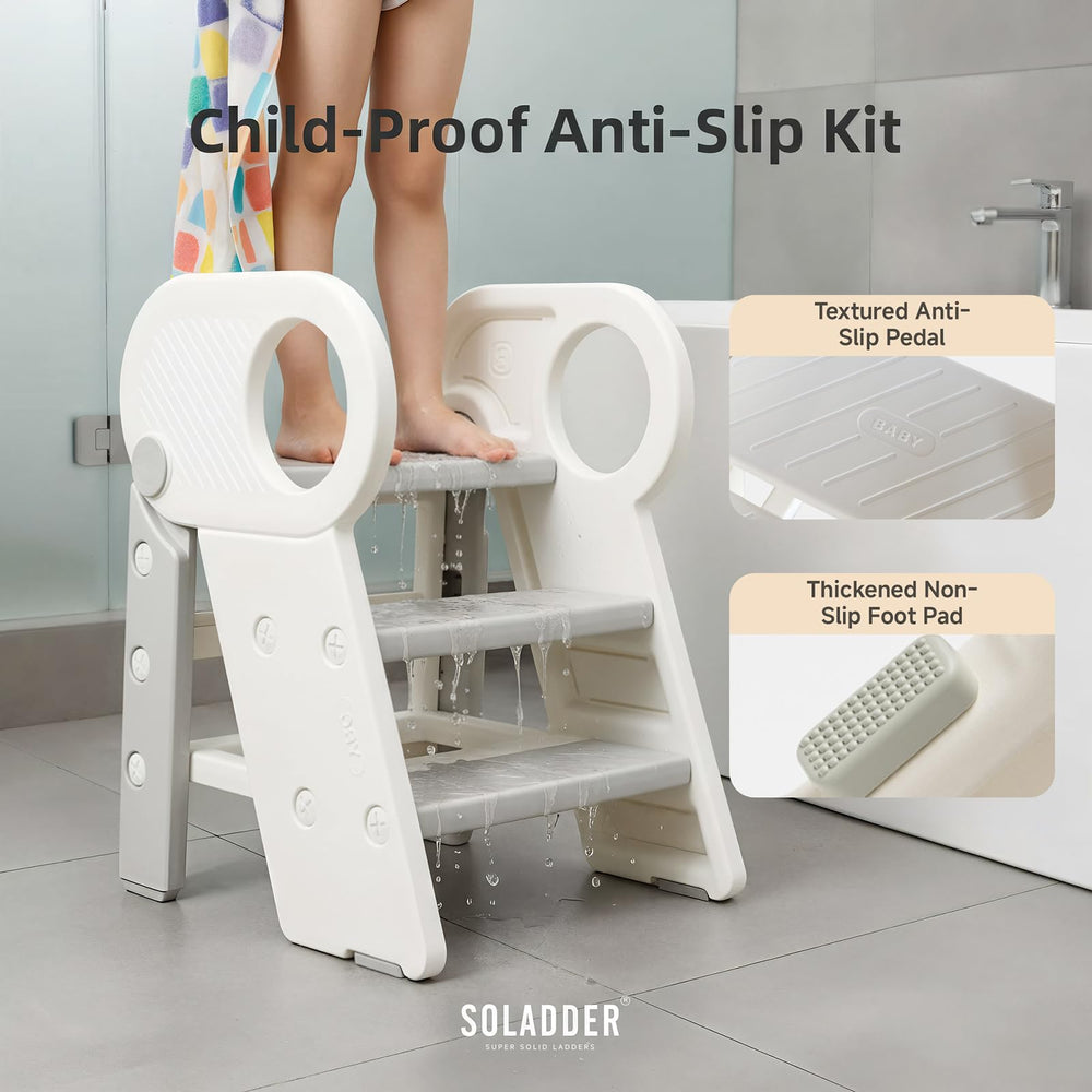 Soladder foldable stool folded compact grey demonstrates space-saving storage