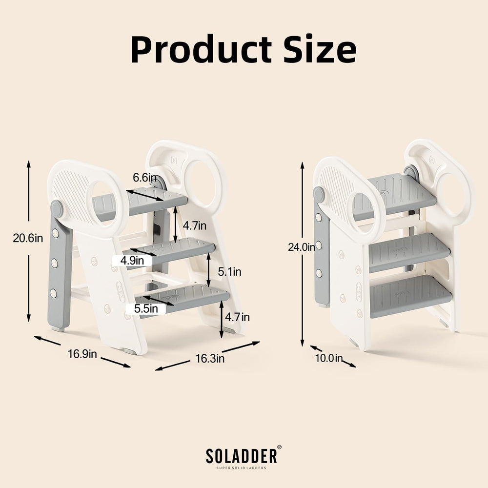 Soladder in-use at sink shows kid-friendly height for brushing teeth