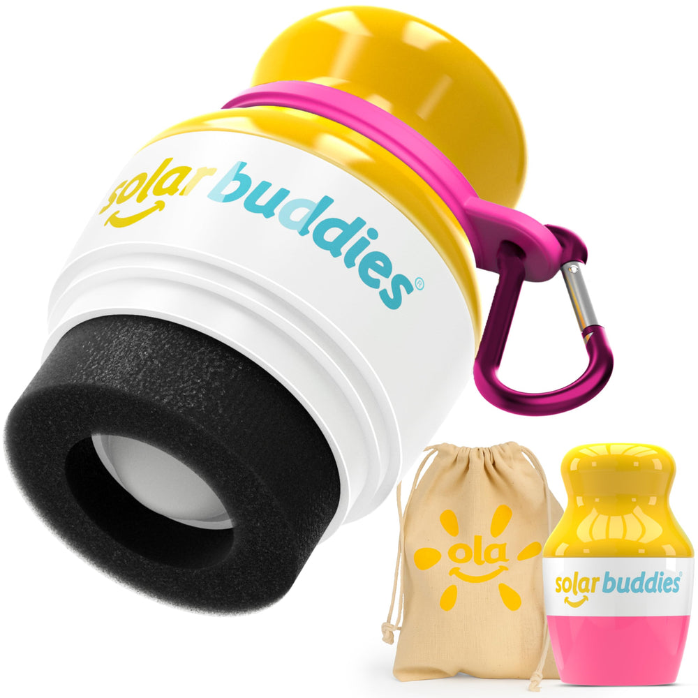 Solar Buddies pink bag bundle keeps sunscreen gear organized for family outings.