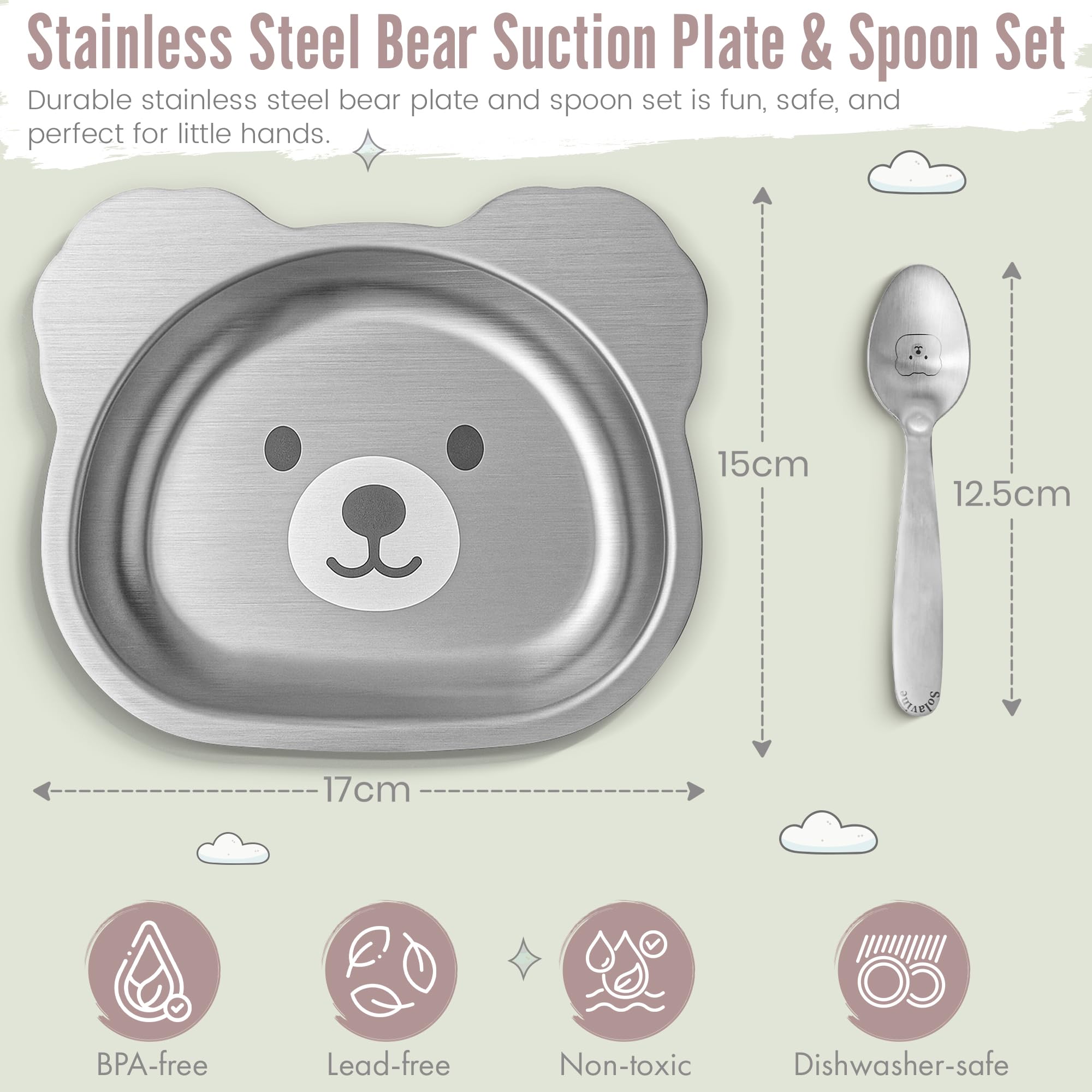 Solavine bear-suction-plate easy-clean design simplifies cleanup after meals.