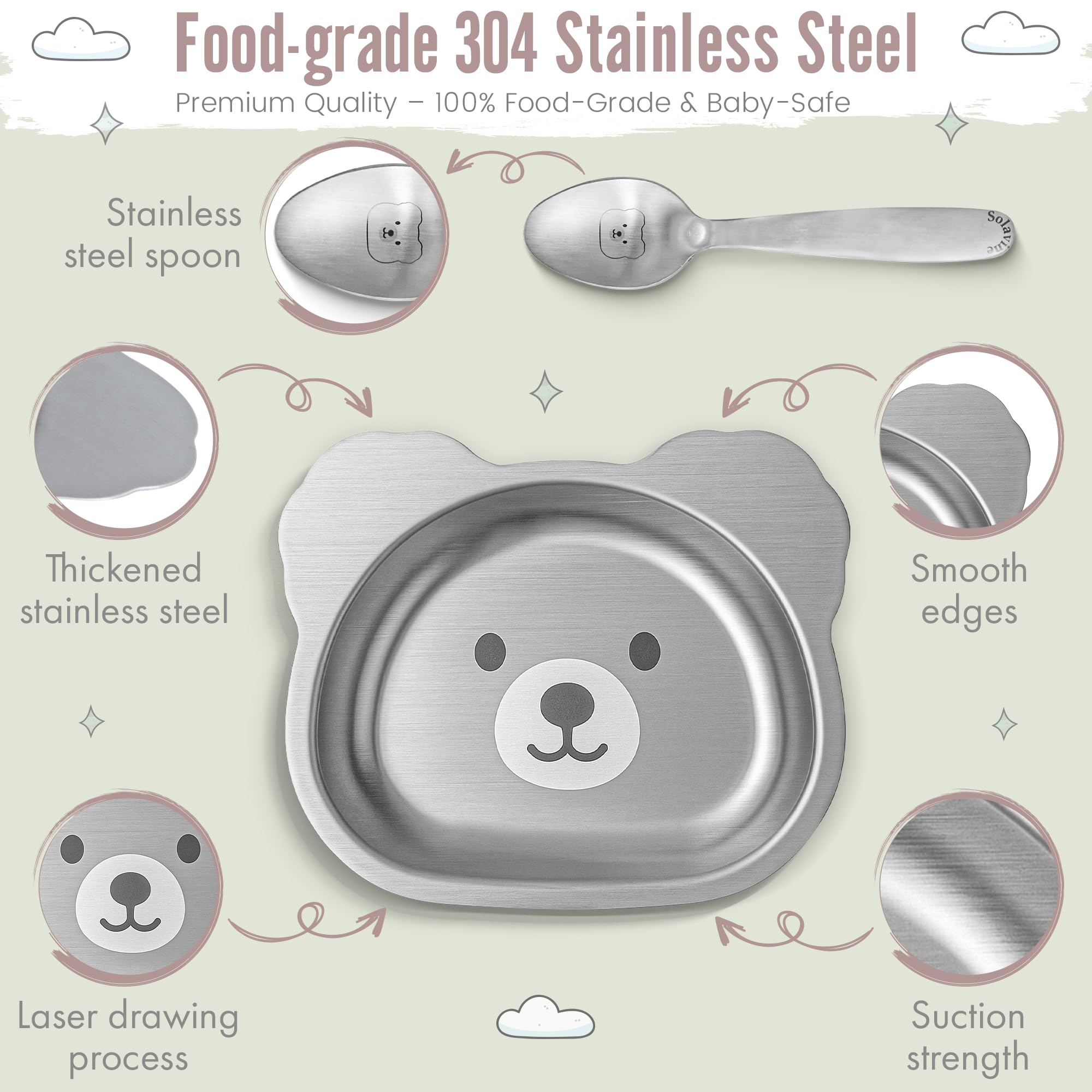 Solavine bear-suction-plate silicone-base provides spill-free feeding stability.