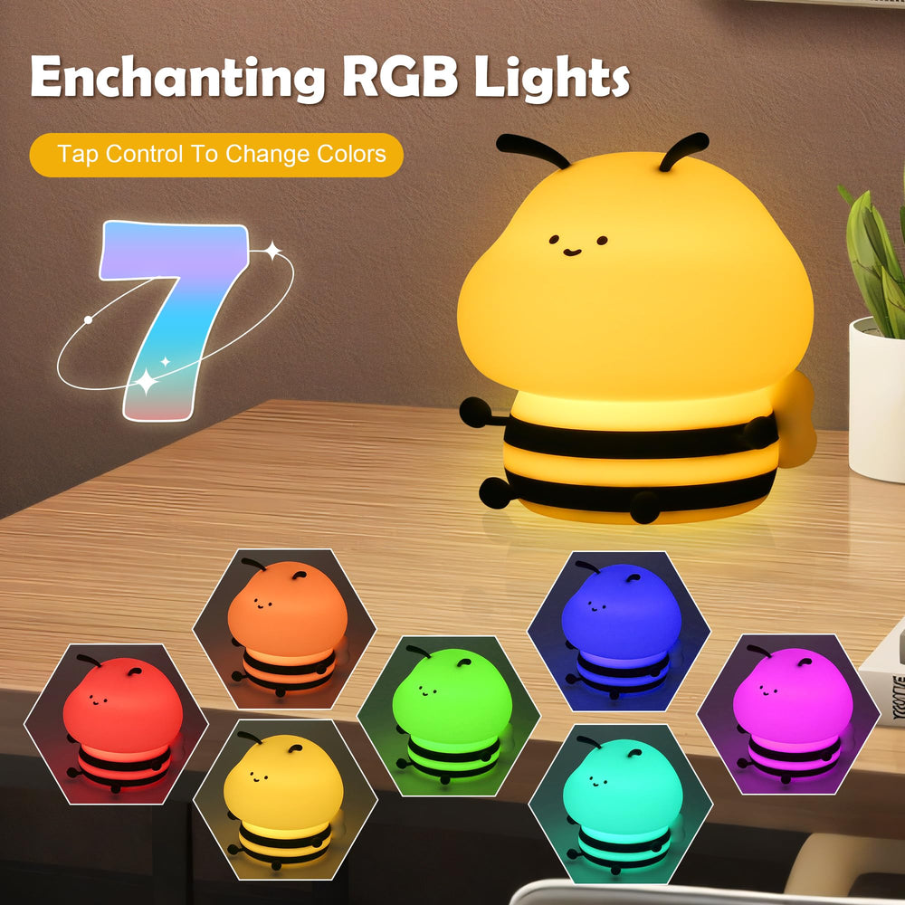 Soledun Bee silicone night light in RGB mode with color-changing display.