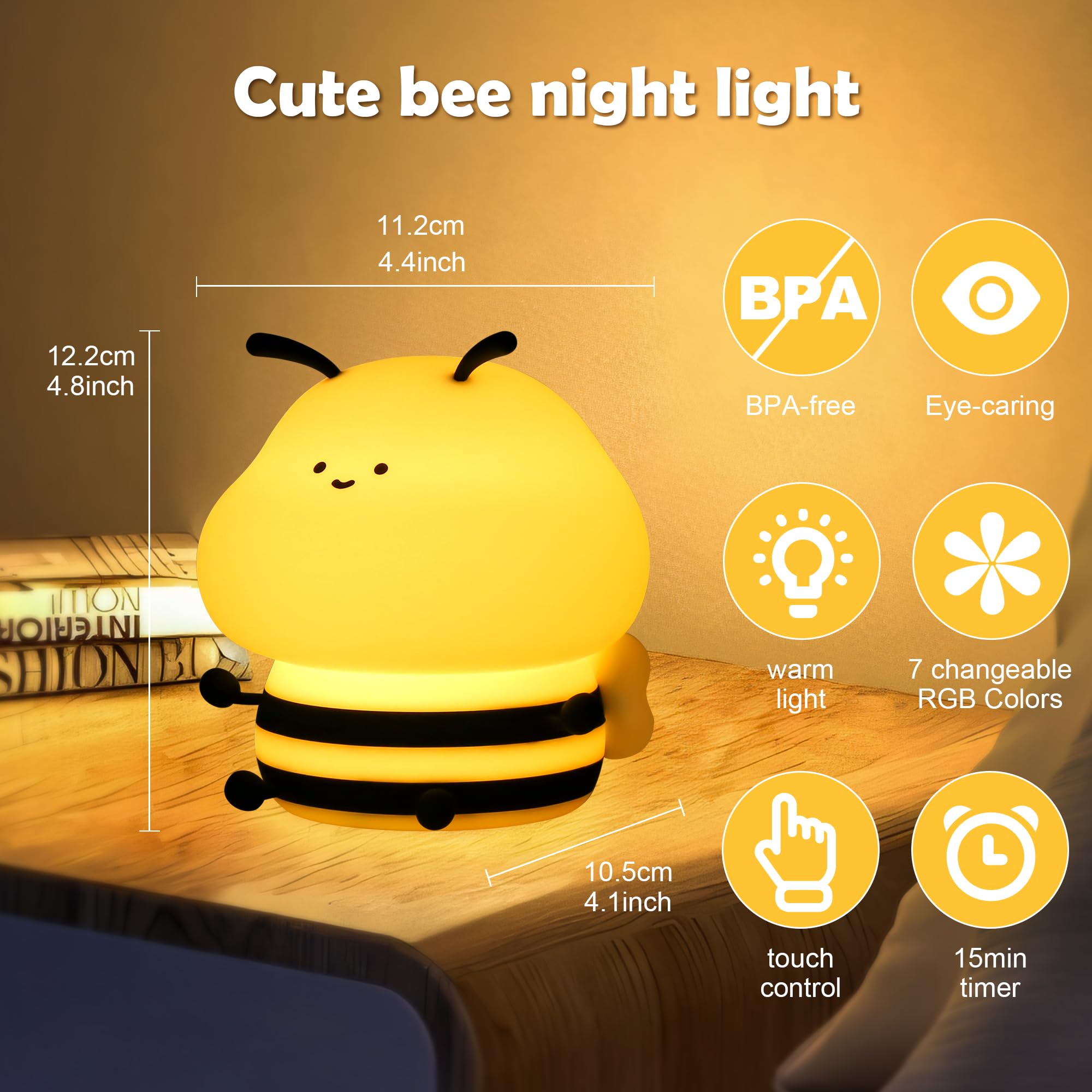 Soledun Bee silicone night light side view showing durable, kid-friendly shape.