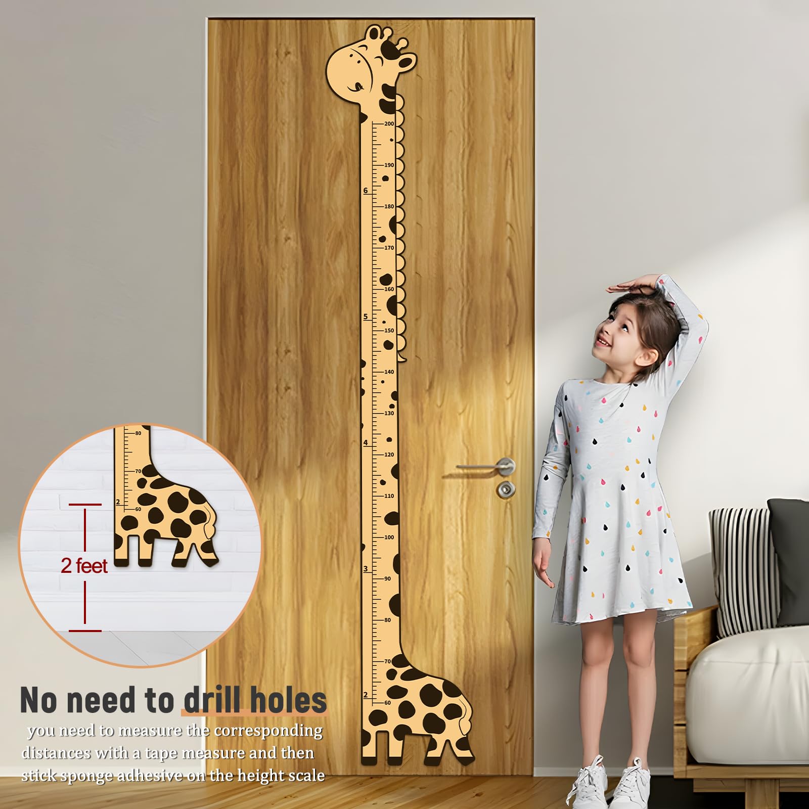 soleim brown-giraffe-wall-art blends with nursery furniture while tracking height.